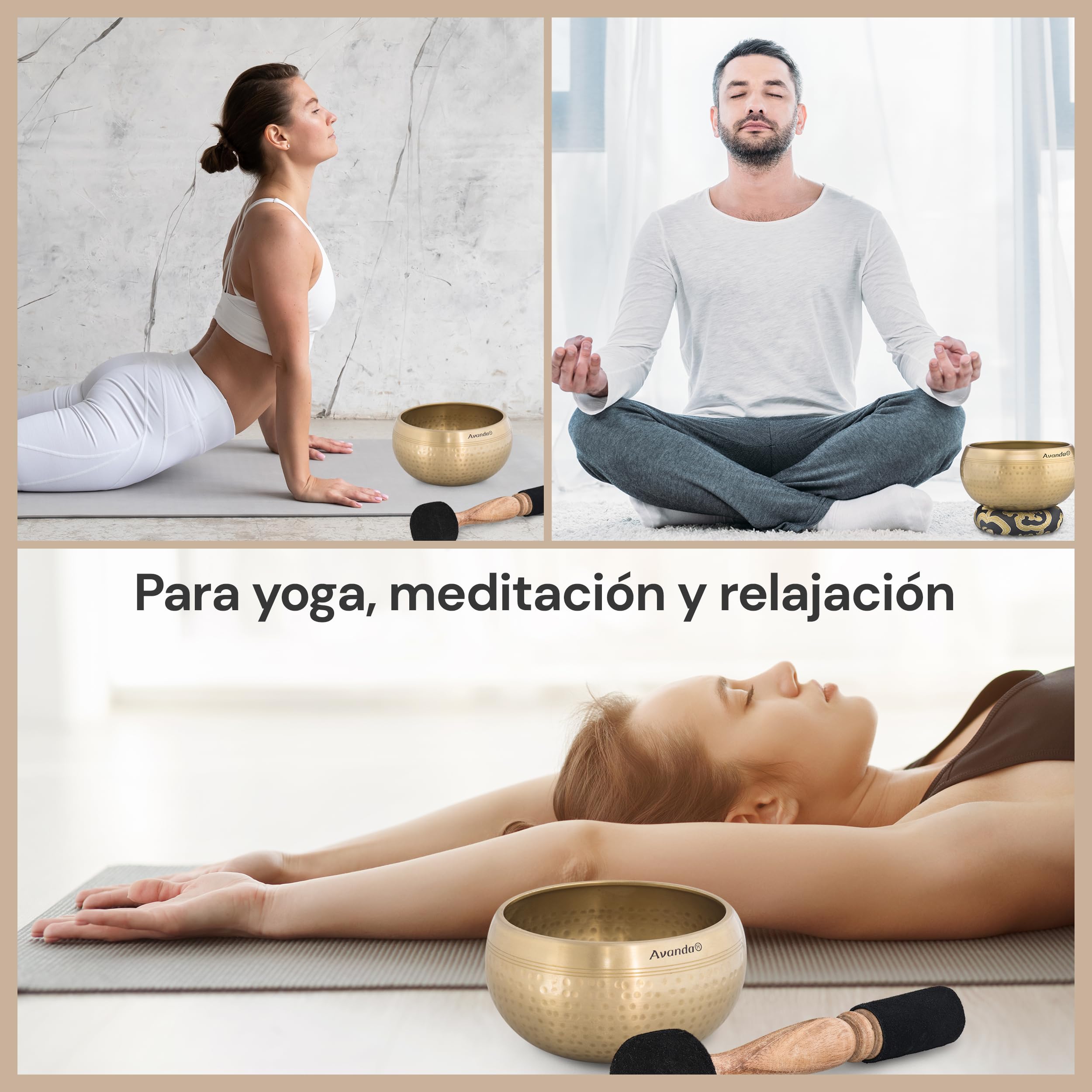 Juego de Cuenco Tibetano para Yoga, Meditación y Relajación - Cuenco Tibetano Martillado Ø 13,5 cm, Mazo Doble con Fieltro y Cuero, Cojín Anular, Bolsa e Instrucciones