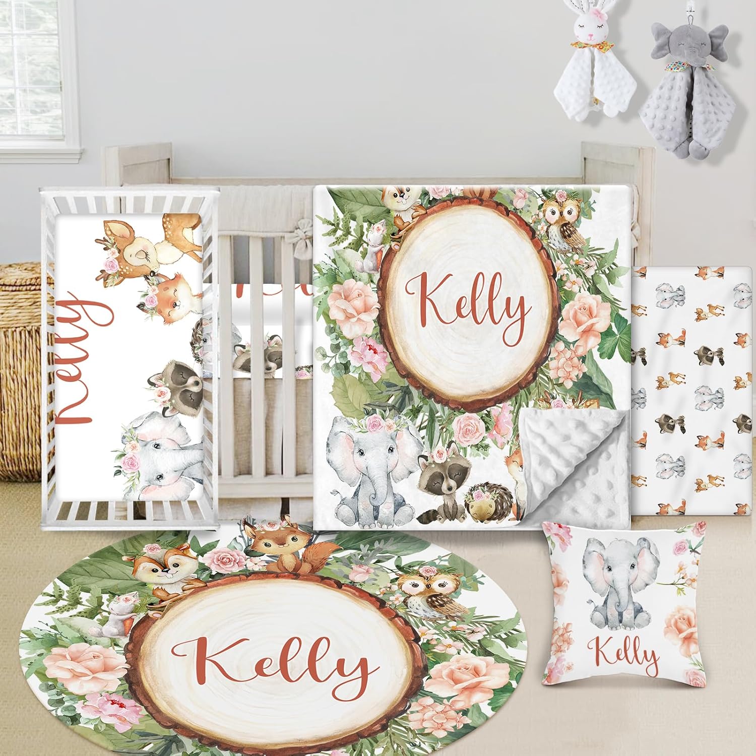 Custom Baby Crib Bedding Set - 5 Piece Nursery Crib Set Woodland Animals Design - Personalized Name Blanket with Dotted Backing, Crib Sheet, Changing Pad Cover, Pillow Cover, Rug for Newborns Color01