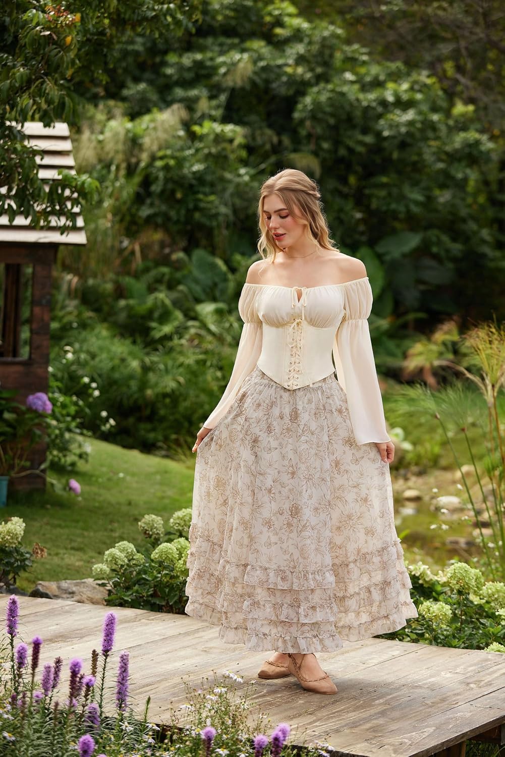 SCARLET DARKNESS Maxi Skirts for Women Floral Chiffon Elastic High Waist Flowy Ruffle Long Skirt with Pockets - Image 7