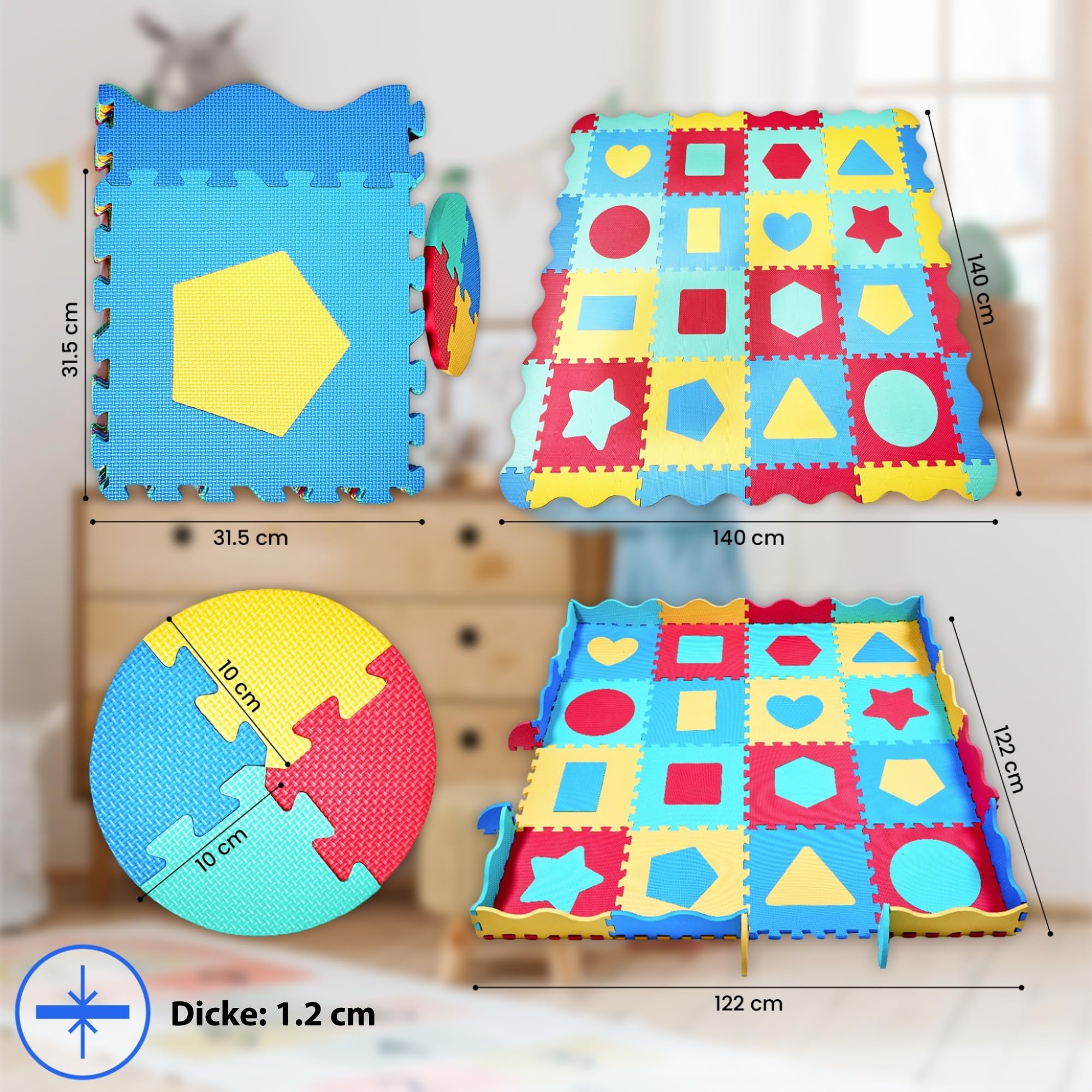 Puzzlematte Baby Eva-Schaumstoff 140x140 cm – Krabbelmatte 1,2 cm Dicke mit 36 Austauschbaren Teilen, Randstücken und Aufbewahrungstasche | Baby Spielmatte rutschfest