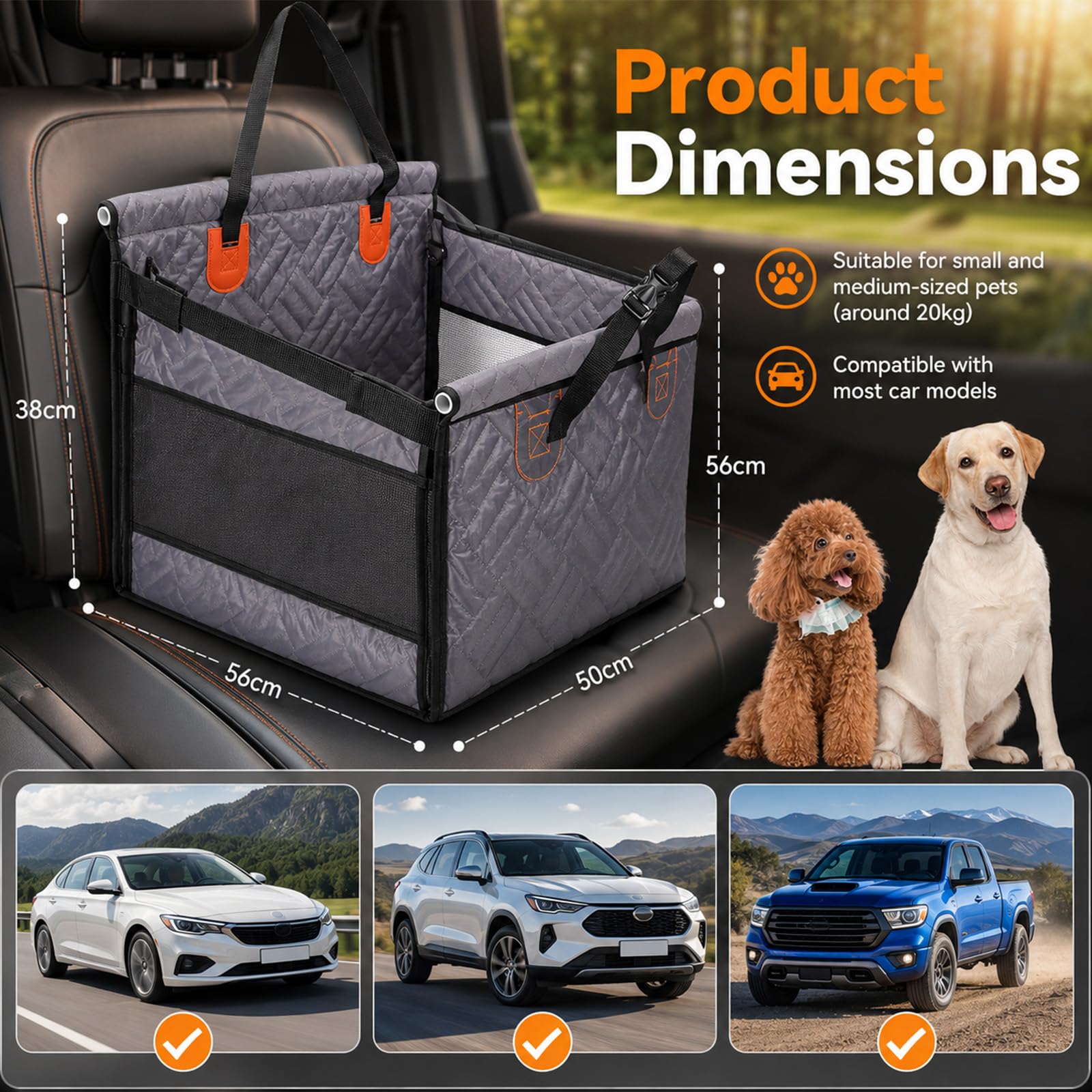 Perros Suelo Duro Asiento Individual, Asiento para Perros Reforzado Coche con Ventilación y Espacio de Almacenamiento, Impermeable Antideslizante Con Ventana de Red, Asiento para Perros Reforzado