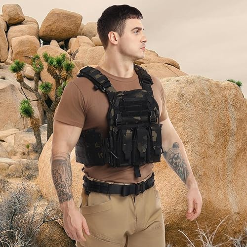 Miniatura 2 de Tuxapo Chalecos tácticos MOLLE con bolsa triple para mag y bolsas laterales de Cummerbund, chalecos de liberación rápida para hombres