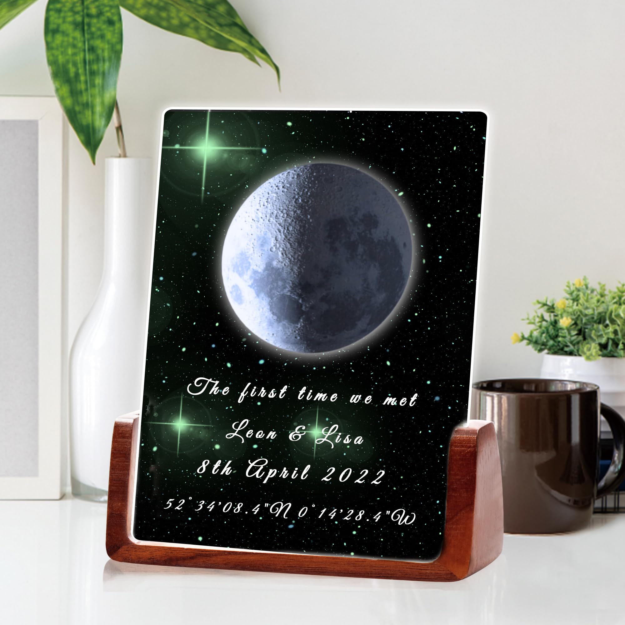 Custom Moon Phase plaque, On the Night We Met Moon Phase, Night Sky Print, Romantic Anniversary Wedding Betrothal Gifts for Couple, Acrylic Plaque with Stand