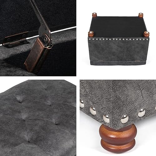 Miniatura 4 de Taburete otomano de almacenamiento de tela copetudo, rectangular, reposapiés con cabezas de clavos para dormitorio, sala de estar (gris)