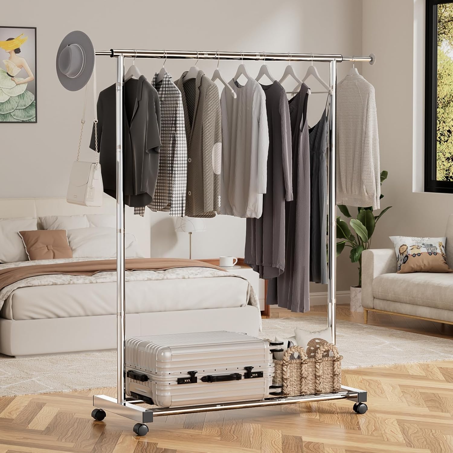 Clothing Rack for Hanging Clothes, Stainless Steels Rolling Clothes Rack, Coat Rack, Garment Rack, Portable Closet Rack, Free Standing Clothes Rack with Wheels, Adjustable Length XL