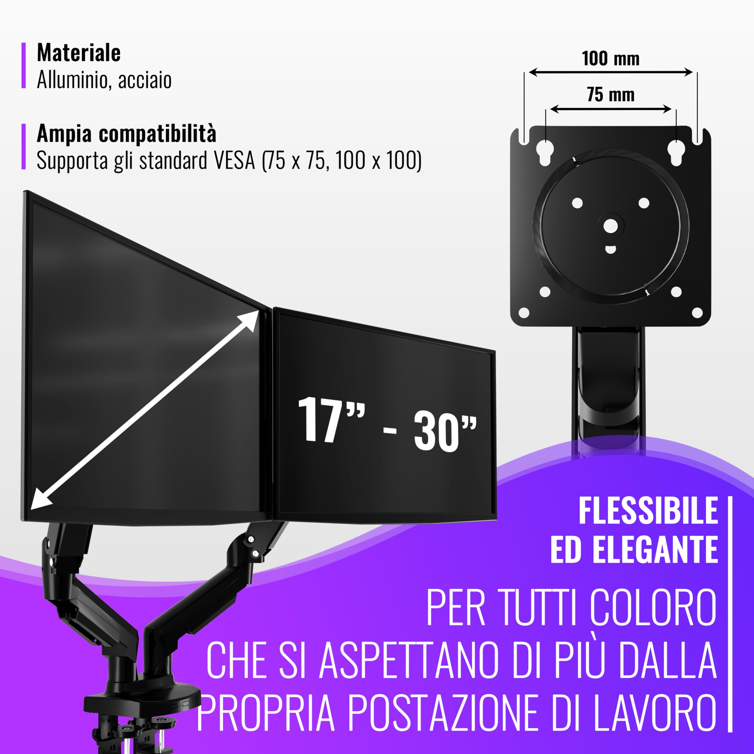 Poppstar Braccio monitor doppio regolabile in altezza per 2 monitor da 17-27 pollici (braccio 360° orientabile, rotabile, inclinabile) Supporto monitor per PC, nero