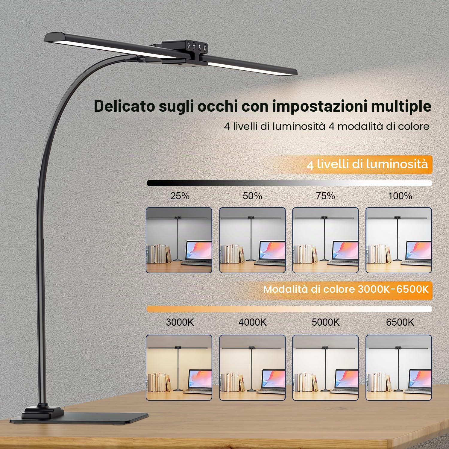 EppieBasic Lampada da Scrivania LED con Base, Altezza Regolabile, Telecomando, Nero