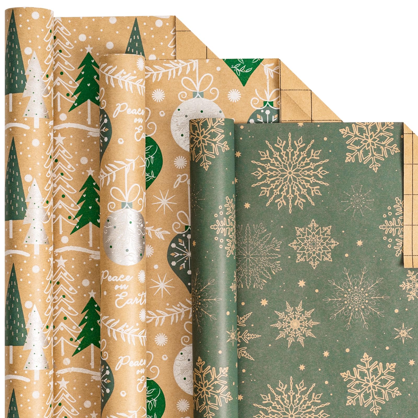 LeZakaa Christmas Kraft Wrapping Paper - Mini Roll - Snowflake/Tree/Decorative Ball for Holiday Gift Wrap, Arts Crafts - 17 x 120 inches - 3 Rolls (42.5 sq.ft.ttl.)
