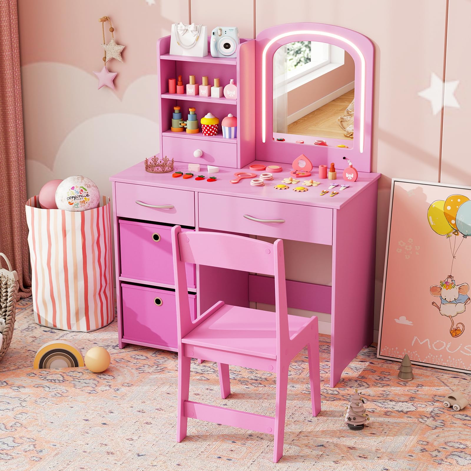 DREAMADE Schminktisch Kinder, Schminktisch Mädchen mit Stuhl & Buntem LED-Spiegel, Frisiertisch aus Holz, Kinderschminktisch mit offenen Regalen & Schubladen für Kinder ab 3 Jahren (Mit Boxen,Rosa)