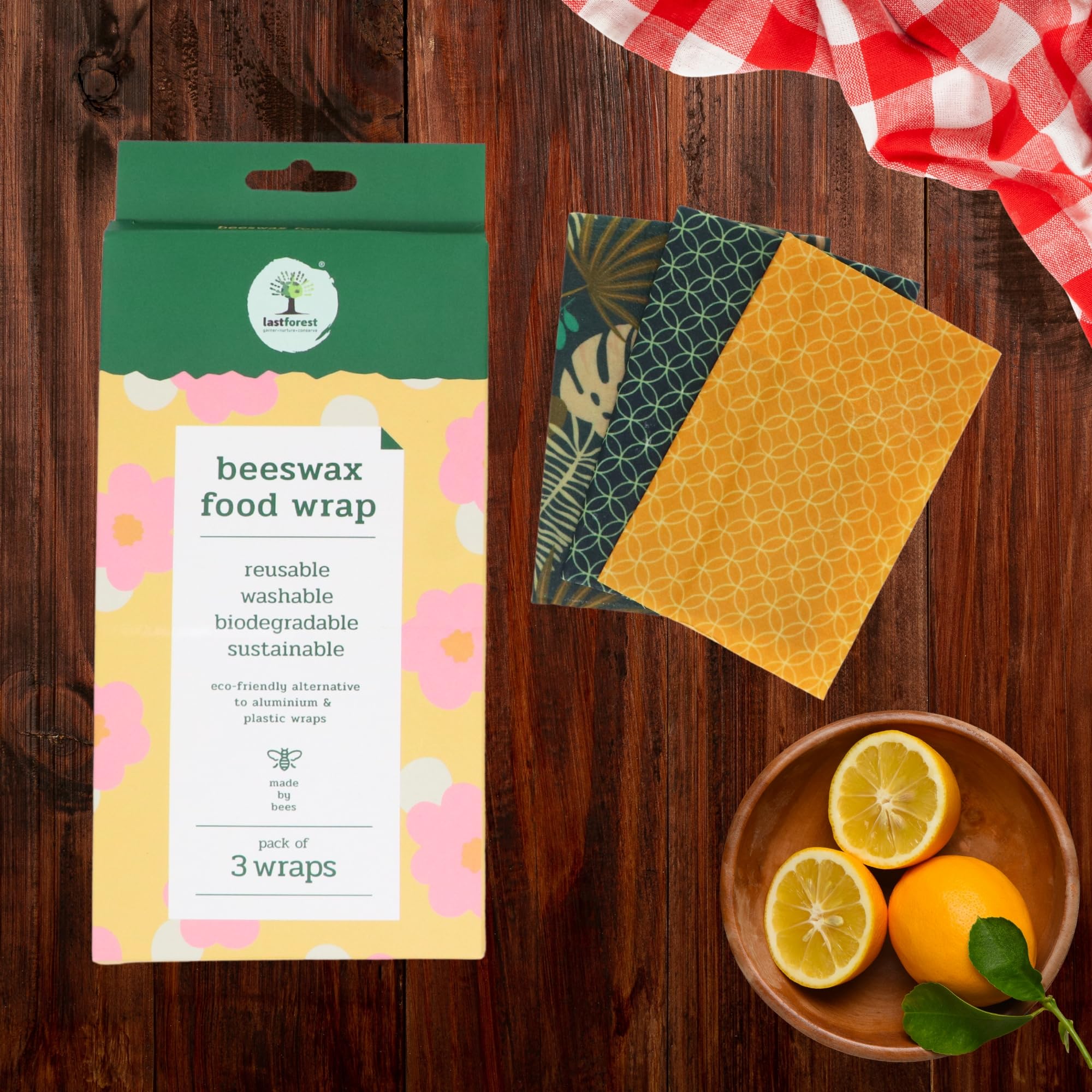 Last Forest Cotton Beeswax Food Wrap (Set of 3) | Reusable & Washable Cotton Roti Wrapping Cloth - Chapati Cover, Sandwich Kitchen Wraps for Tiffins (8x8 inch, 10x10 inch, 12x12 inch)