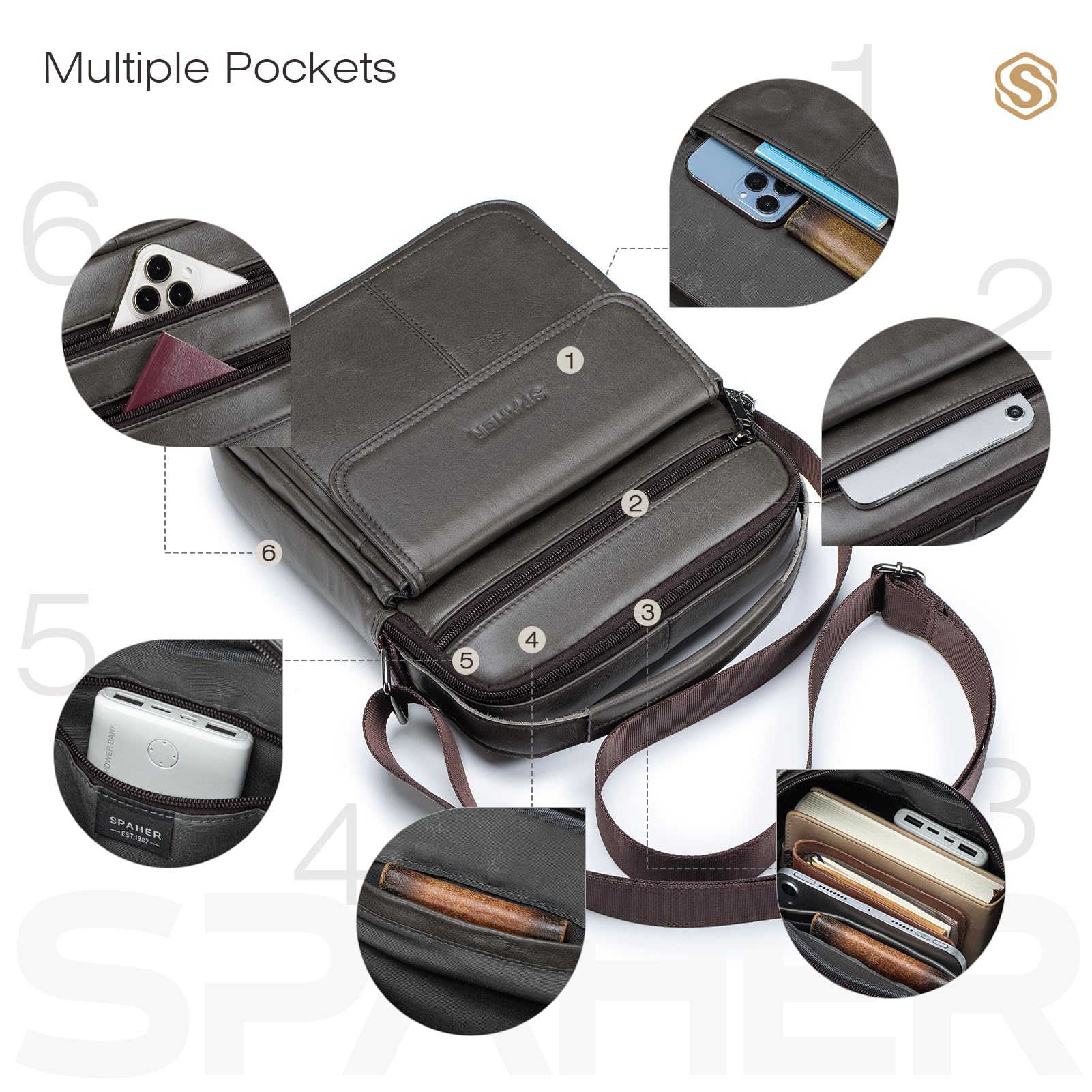 SPAHER Borsello Uomo Tracolla Pelle Grande Borsello per Ipad 11 Pollici Borsa Tracolla Impermeabile Borsetta Marsupio Uomo Multitasche per Quotidiano Lavoro Messenger Crossbody Sling Bag,Caffè