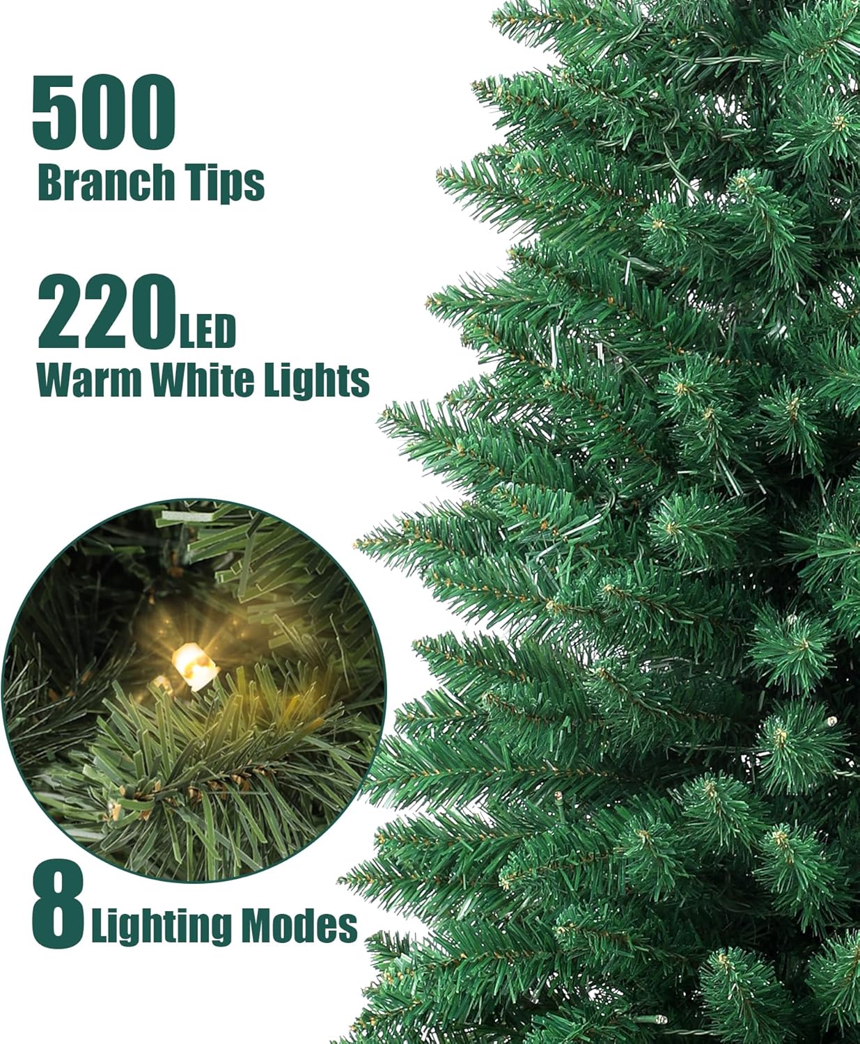 Annecy 7ft Pre-Lit Fir Pencil Christmas Tree, Green Classic Artificial Slim Skinny Christmas Tree for Home, Office, Party Decoration w/ 500 Tips, 220 Warm White Lights, Metal Hinges & Base, Green 7 ft