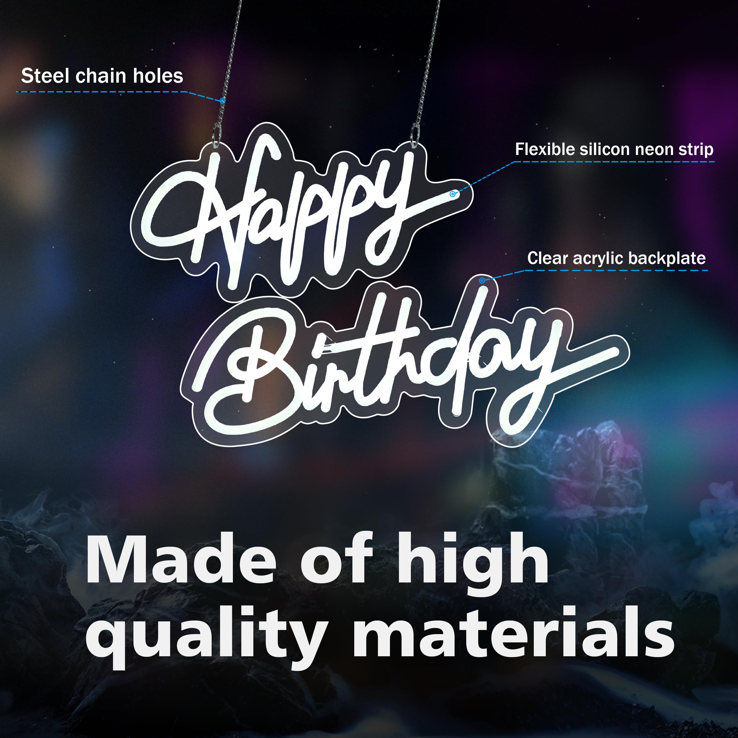 LIUISNEO Happy Birthday Neon Sign,Innovative Integral Forming Process,With Dimmable Switch For All Holiday Party and Home Decoration,Total Length 28Inch,White