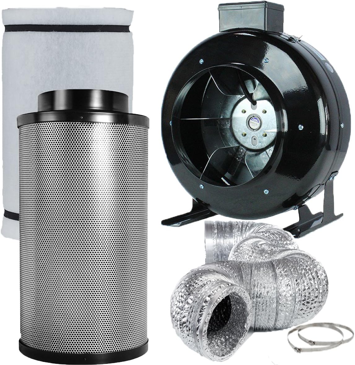 8" Inch High CFM Duct Inline Fan + 8" Carbon Filter 8" 25FT Ducting Clamps Combo for Grow Tent Ventilation Kit (8" Fan Filter Kit)
