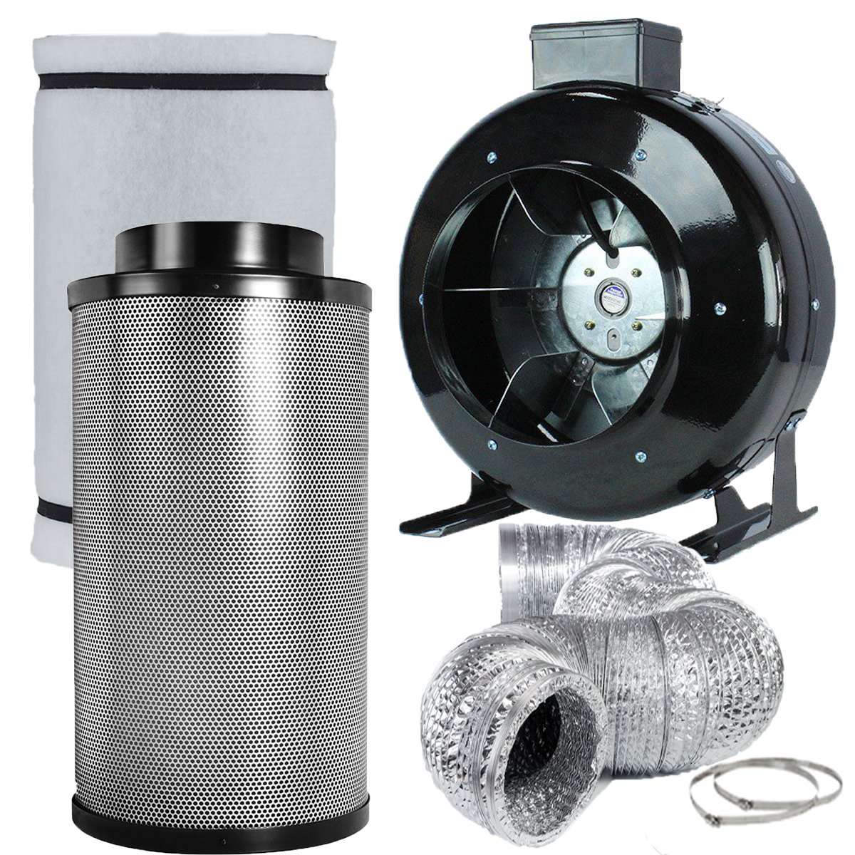 8" Inch High CFM Duct Inline Fan + 8" Carbon Filter 8" 25FT Ducting Clamps Combo for Grow Tent Ventilation Kit (8" Fan Filter Kit)