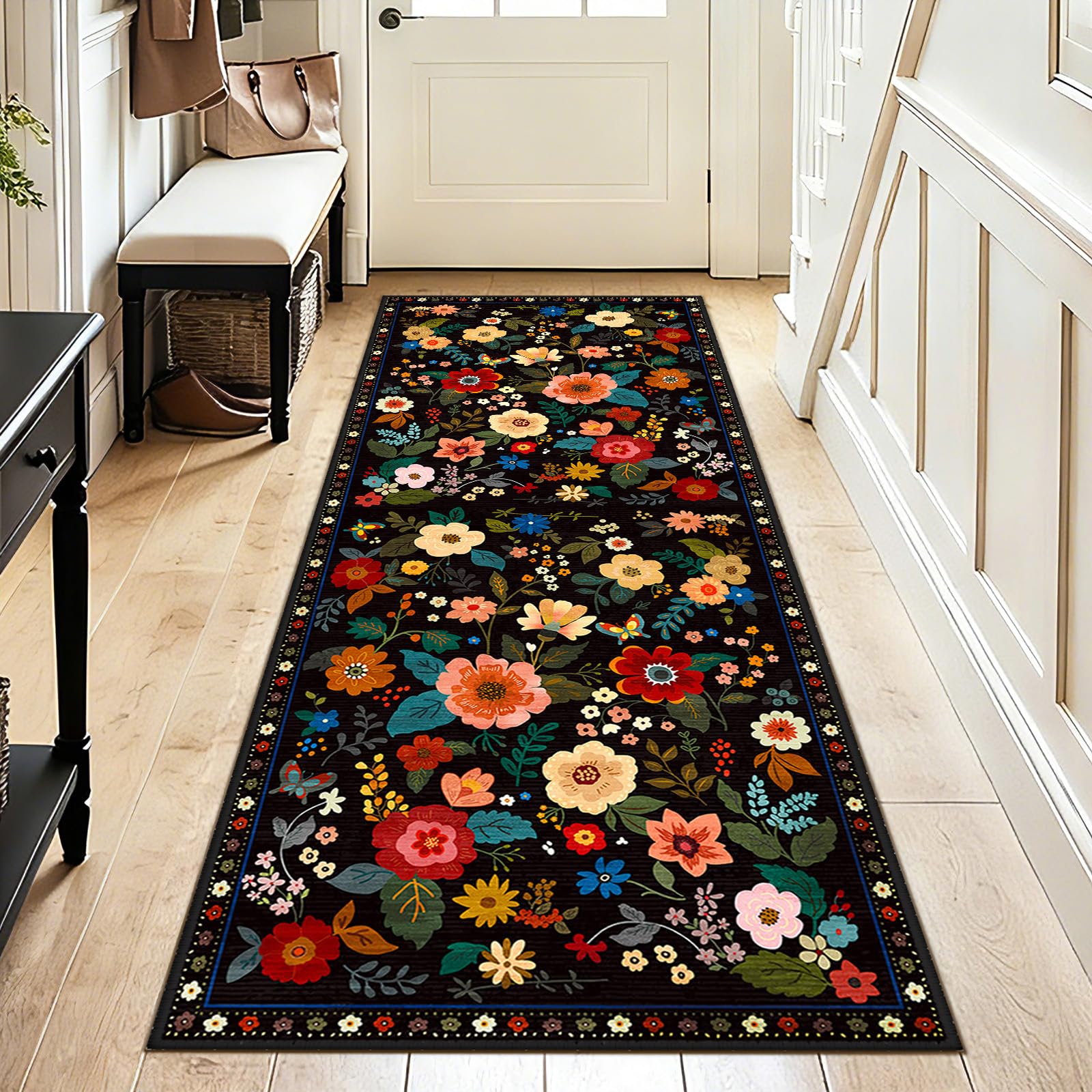 DEFYNEE Runner Rug 60x180cm Black, Machine Washable Floral Rug Low Pile โ image 1