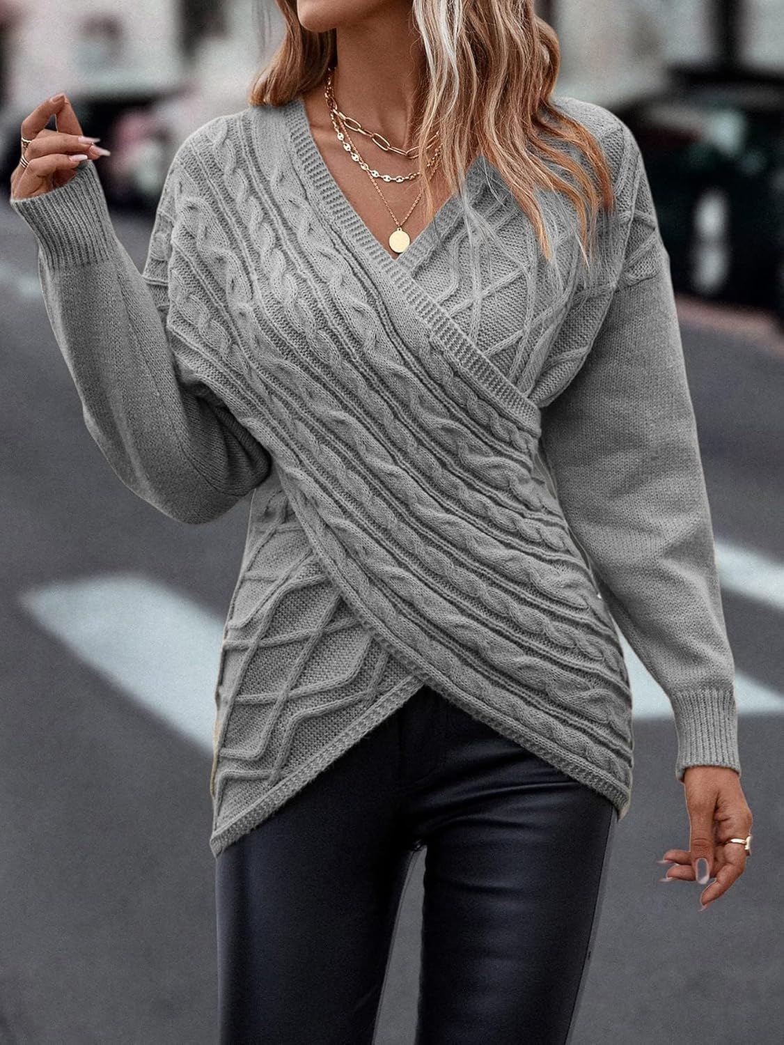 Womens Casual V Neck Long Sleeve Sweaters Cross Wrap Front Cable Knit Pullover Sweater Jumper Tops - Image 4