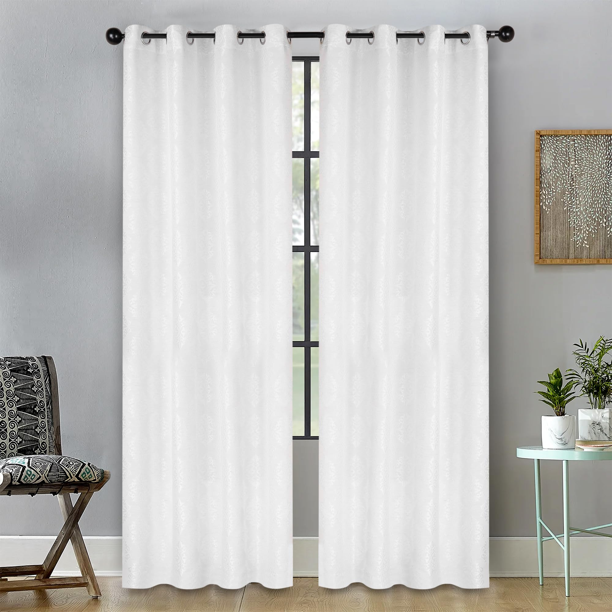 superior curtains, window treatments, accents, drapes kitchen, bedroom, office, living room windows, 8 grommets, chic formal, venetian damask jacquard embroidered curtains, set of 2, 52" x 108", white