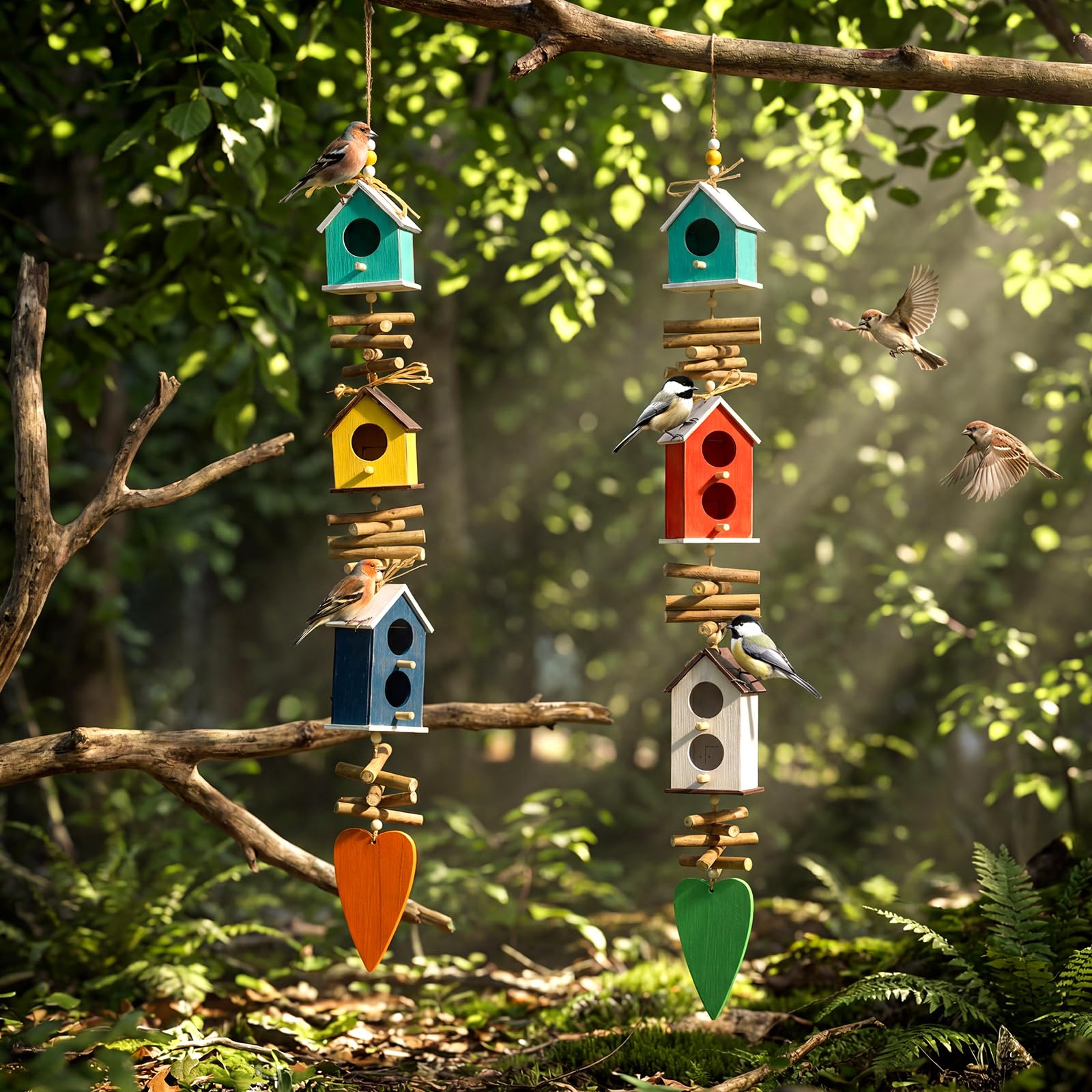 Potchen Paquete de 2 comederos colgantes coloridos para pájaros al aire libre, jardín, aldea, granja, comedero de madera para pájaros para casas de campo, granja, decoración de jardín al aire libre