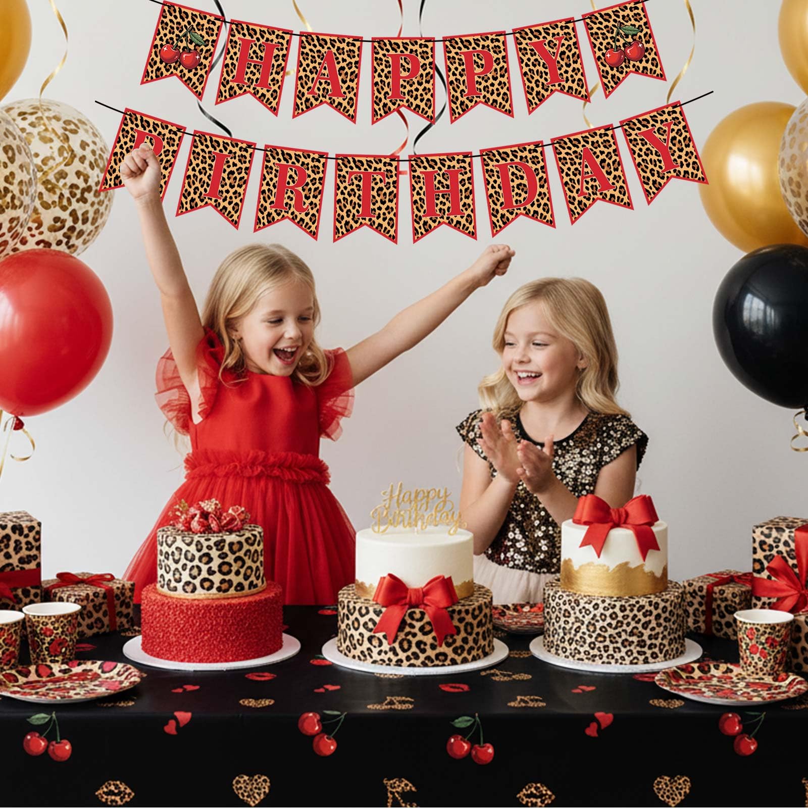Cheetah And Cherry Birthday Decorations Kit, Leopard Brithday Banner Fringe C - View #2