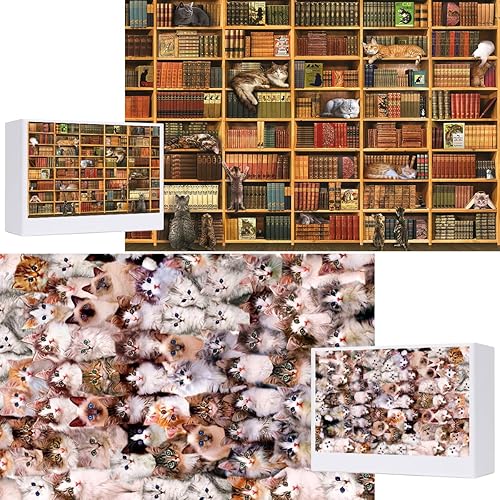 Miniatura 1 de Paquete de 2 rompecabezas de 1000 piezas de la biblioteca del mundo del gato y del gatito, rompecabezas de gatos para adultos de 1000 piezas en