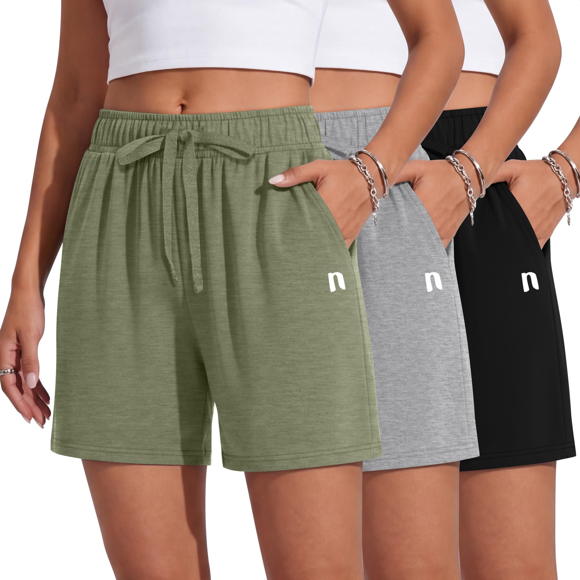 Neer Lot de 3 shorts de survêtement d'été pour femme avec cordon de serrage et poche - Pantalon de course décontracté