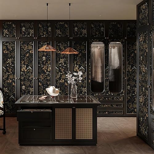 Miniatura 9 de Dimoon Papel tapiz de 78.7 x 17.3 pulgadas, delicado papel tapiz de hojas negras doradas con diseño floral dorado para despegar y pegar, papel de