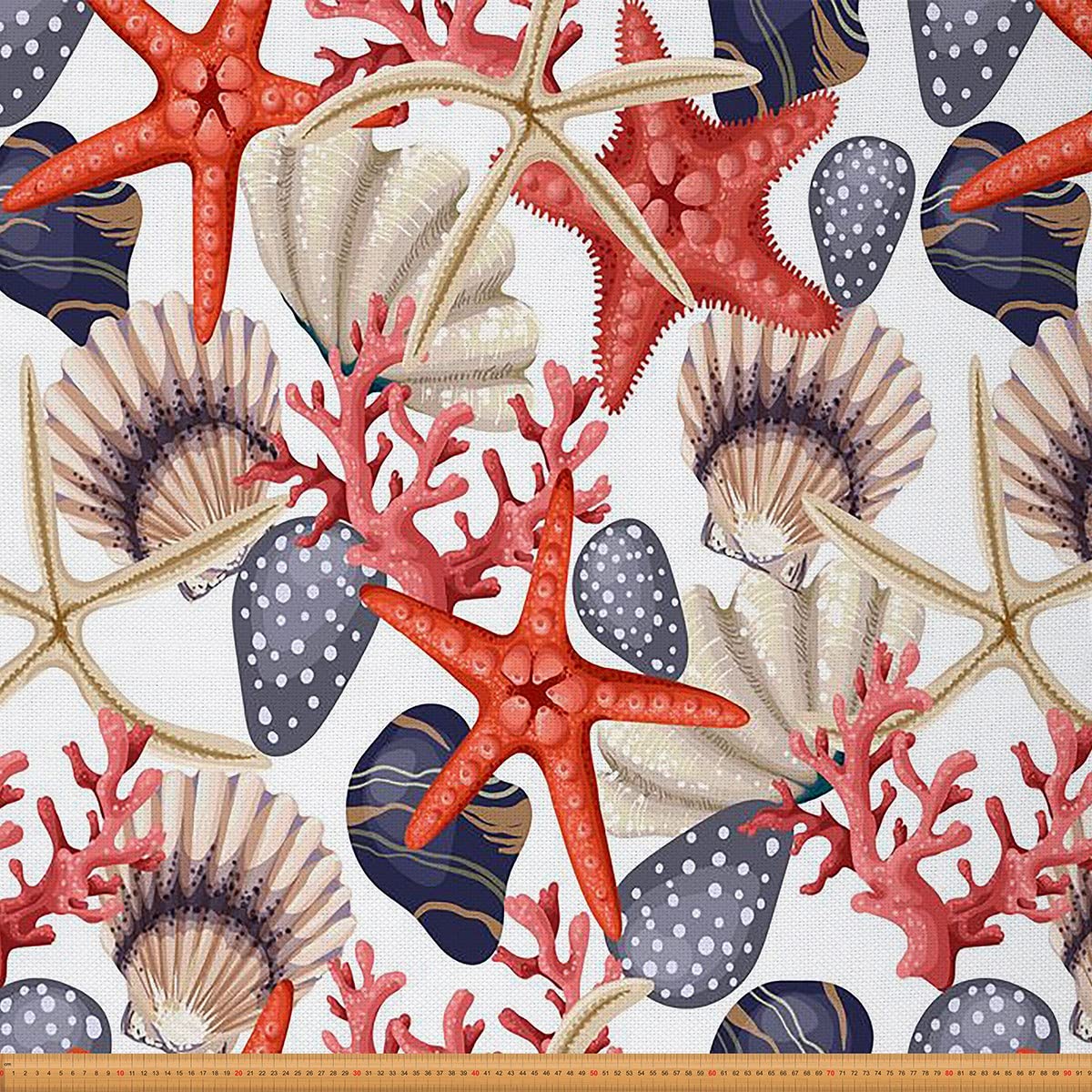 Seashells Fabric by The Yard, Ocean Starfish Upholstery Fabric for Chairs, Coral Decorative Fabric, Nautical Sea Animals Botanical Outdoor Fabric, Stone Waterproof Fabric, Blue Red, 2 Yards