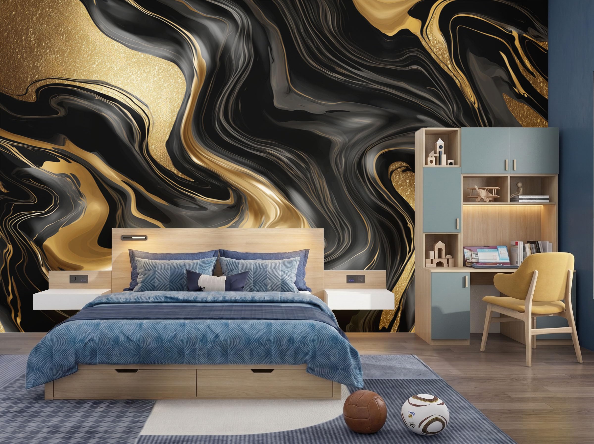 Fresque murale intissée salon motif tourbillon marbre fluide