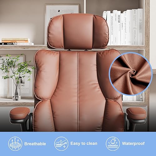 Miniatura 6 de Silla de oficina ejecutiva de cuero, silla de computadora con cojín grueso y soporte lumbar, silla de escritorio ergonómica con reposacabezas y