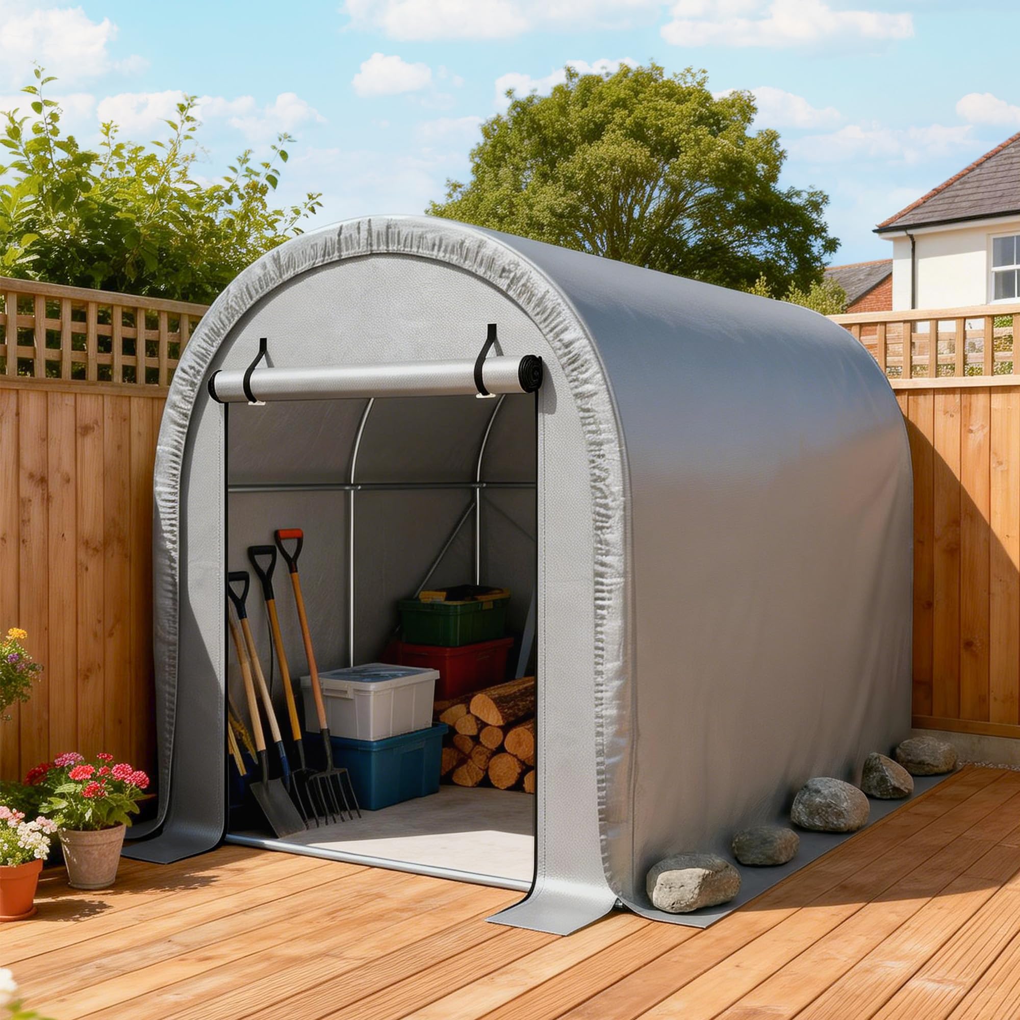 Outsunny Abri de Jardin Tente de Stockage Garage à Vélos - Acier Galvanisé & 160g/m² PE Anti-UV pour Moto et Tondeuse - Dôme Anti-Pluie Multi-Usage avec Ancrage 159x240x185cm, Gris Clair