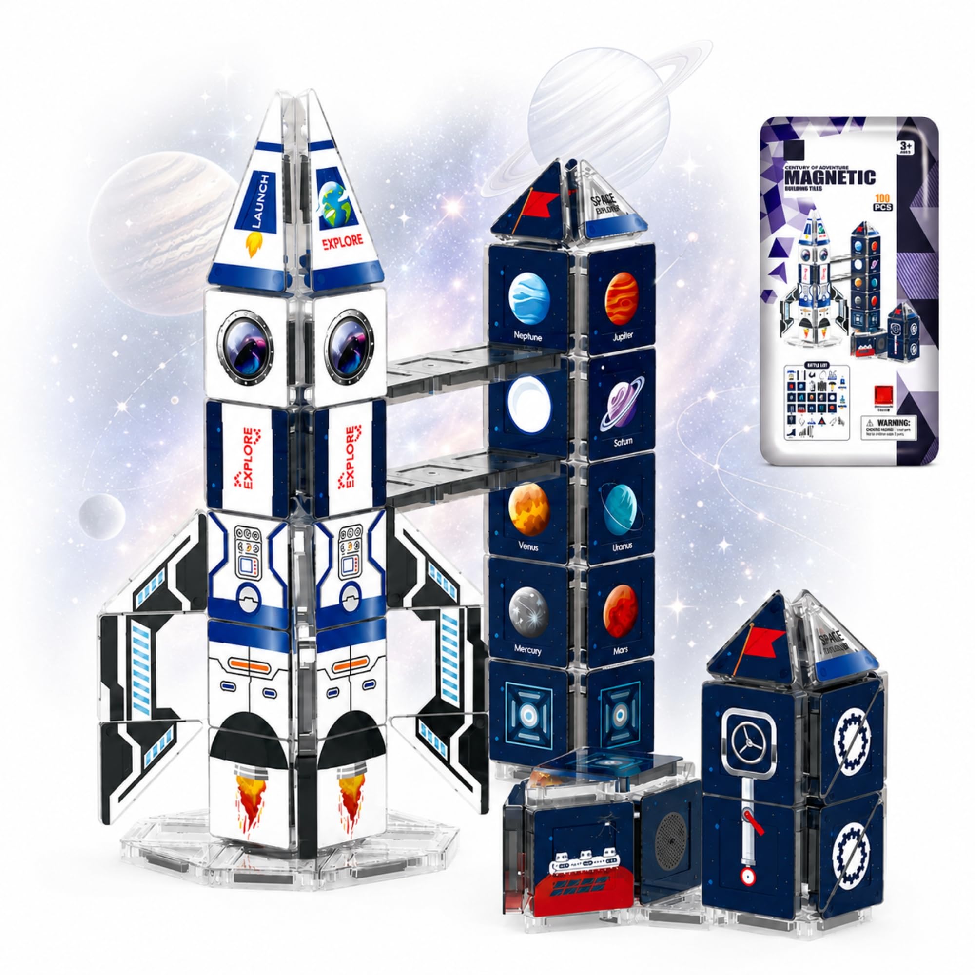 2026 Magnetic Building Tiles (Space Shuttle | 100 Pcs Set) - Creative Construction Toy with Portable Iron Box, Creative Kids Magnetic Blocks Educational Play Set
