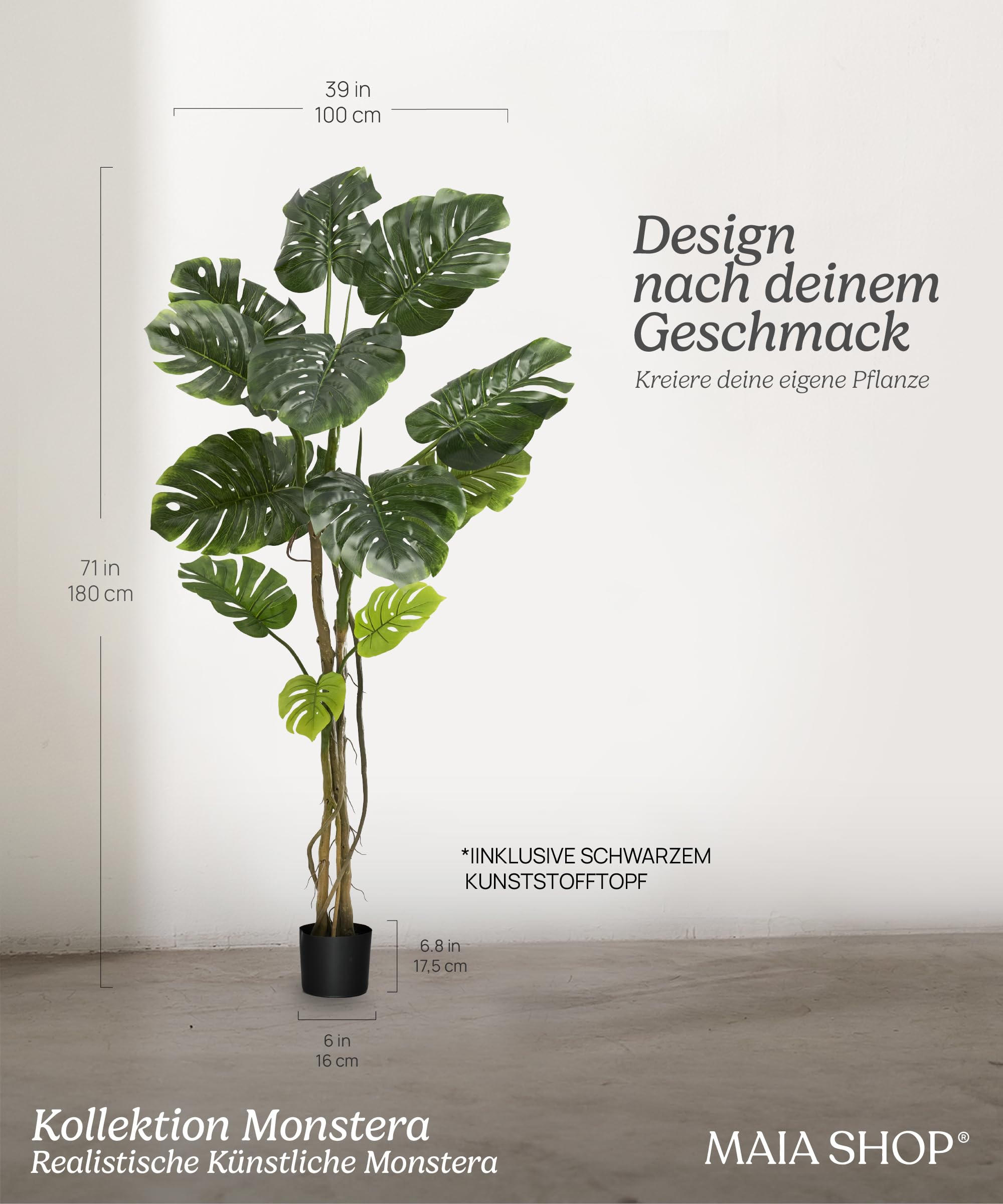 Maia Shop Monstera Künstlich 180 cm - Kunstpflanze wie Echt | Große Kunstpflanze mit Realistischen Blättern für Wohnzimmer Flur und Büro - Schwarzer Topf Inklusive