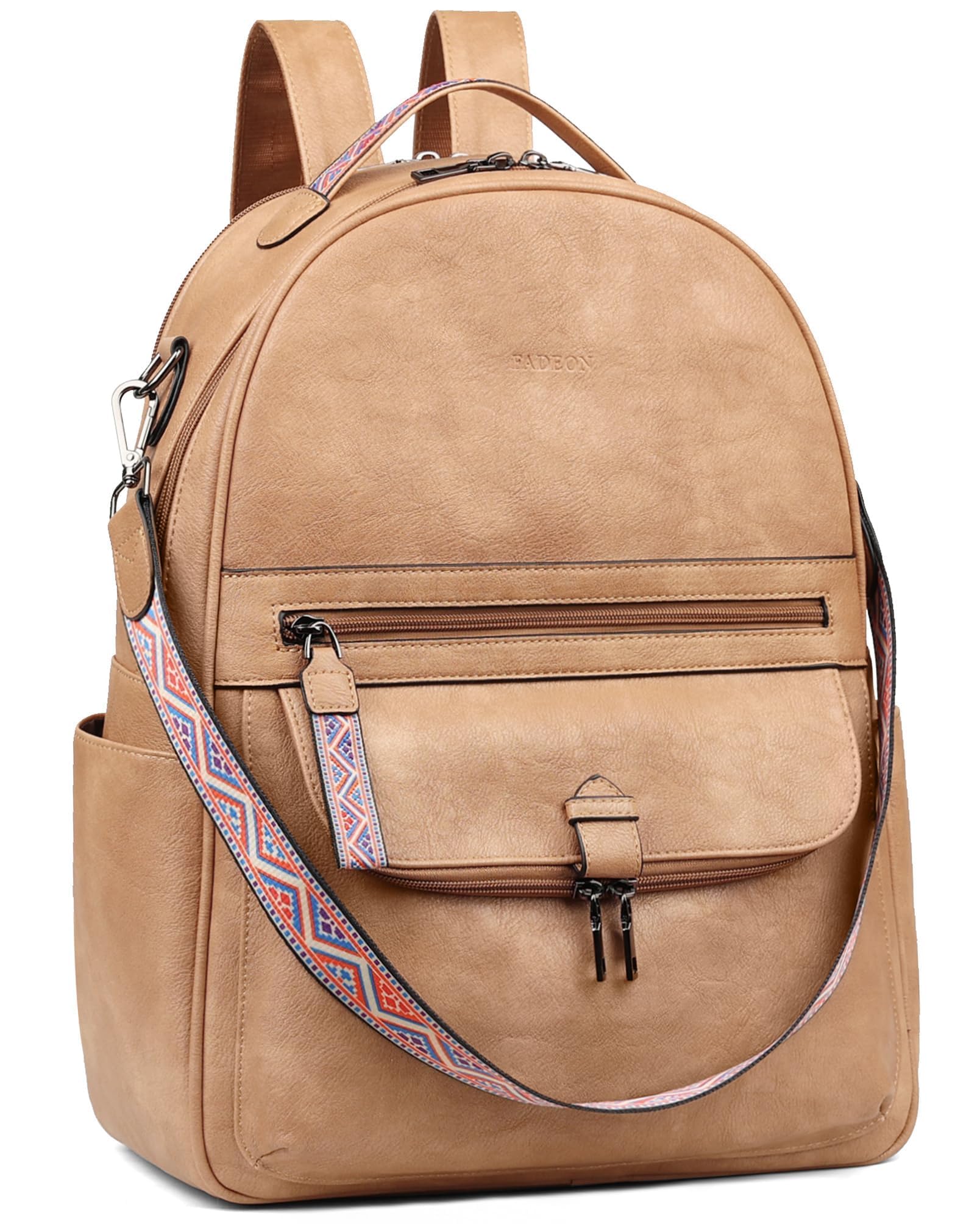 FADEON 15.6 inch Leather Laptop Backpack Purse for Women, Designer Travel PU Backpack with Laptop Compartment for Work Camel