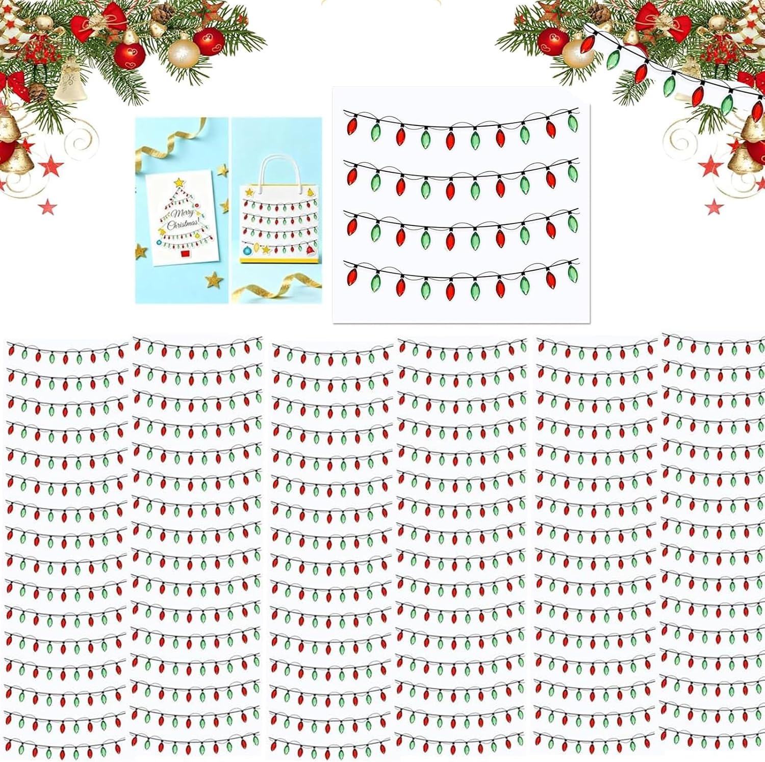 Christmas Lights Stickers for Crafts, 32PCS 3D Gem Border Dimensional Embellishment Stickers, Glitter Adhesive Decals for Holiday Decoration, Card, Scrapbooks, Indoor Waterproof Use (96pcs)