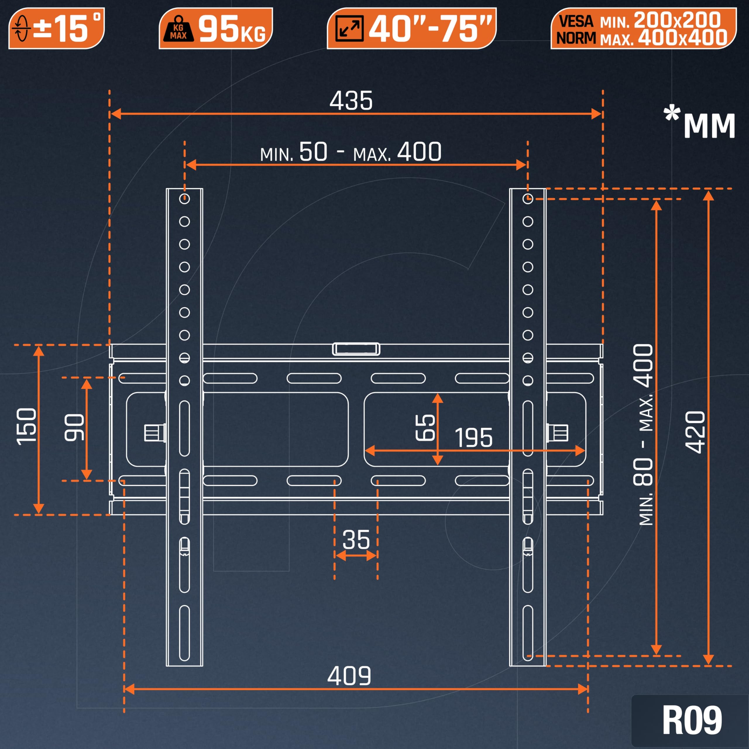 RICOO R09 Support Mural TV 40 à 85 Pouces 42 43 48 50 55 58 60 65 70 75 77 83 Pouces VESA 200x200 à VESA 400x400 Inclinable Universel Fixation Murale TV QLED OLED LED LCD