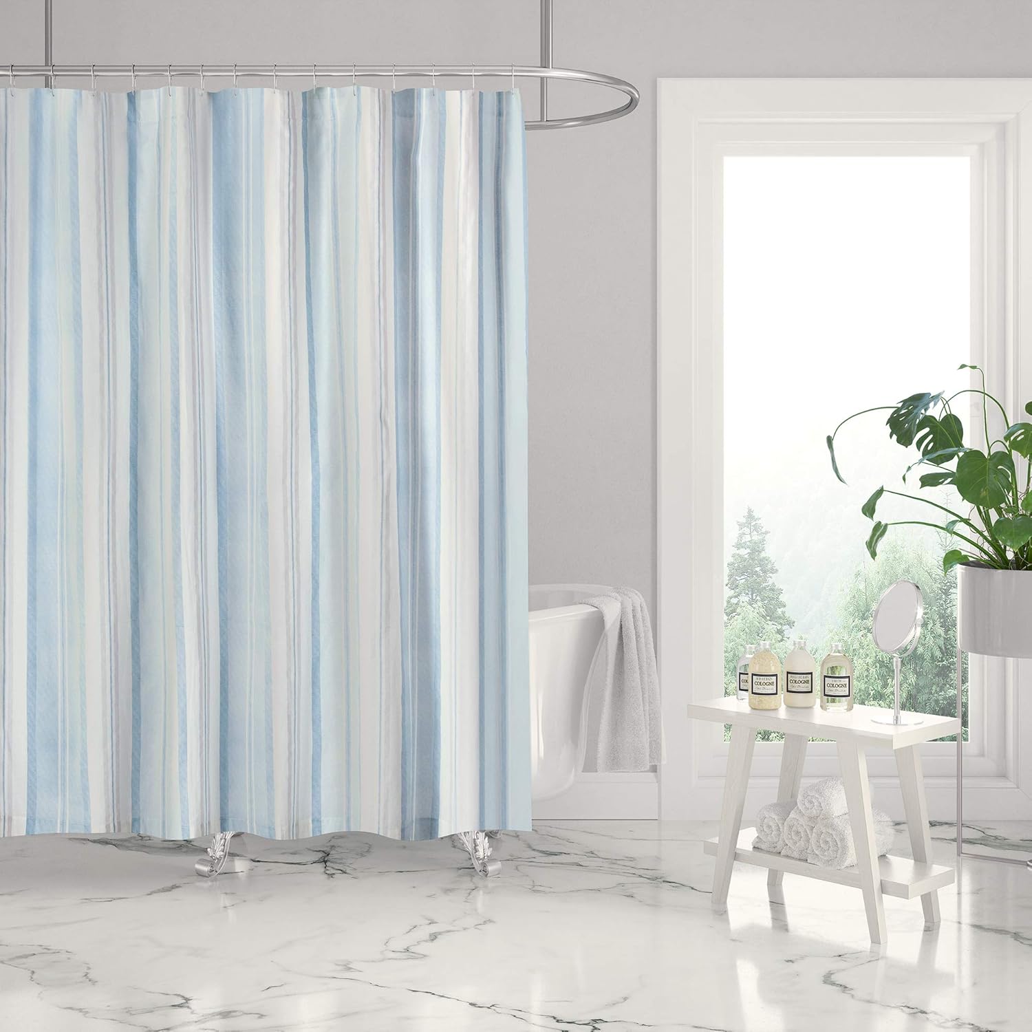 Levtex Home - Ipanema - Shower Curtain (72x72in.) with Button Holes - Coastal in Blue Taupe and Cream - Blue, Taupe and Cream - Cotton Fabric