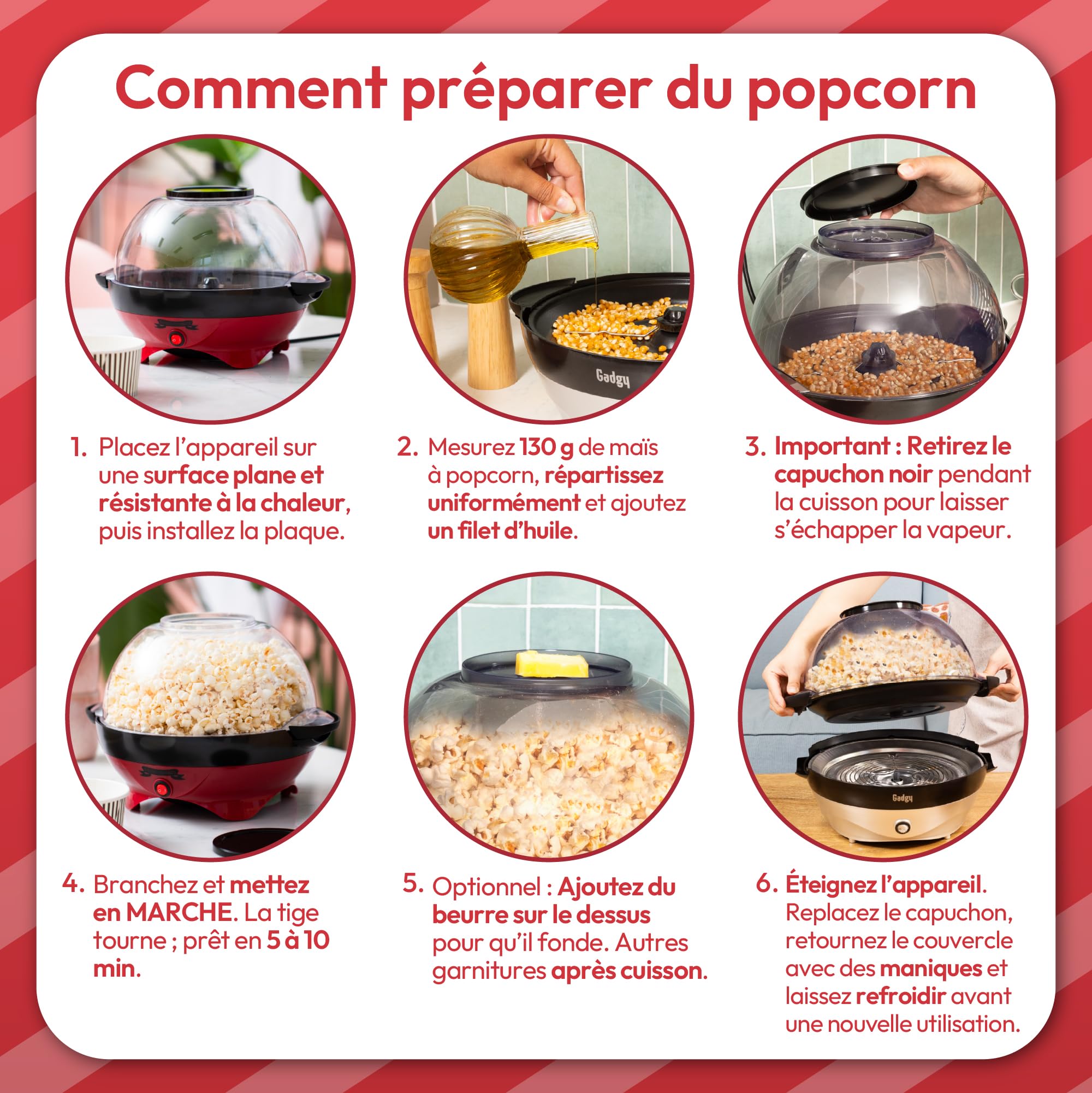 Gadgy Machine à Popcorn Rétro 5 L 800W Antiadhésive Rouge | Prépare jusqu'à 5 L de popcorn en 3 min avec revêtement antiadhésif et plaque chauffante amovible