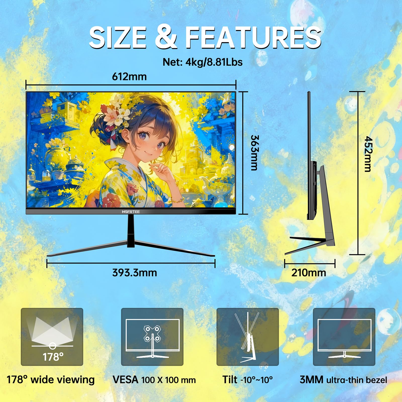 Monitor 27 Pollici 4K UHD (3840×2160), Monitor PC IPS con HDR10, 100% sRGB, 60Hz, 1ms MPRT, HDMI e DisplayPort, VESA 100×100 mm, Schermo PC per Home Office, Multimedia e Monitor Gaming