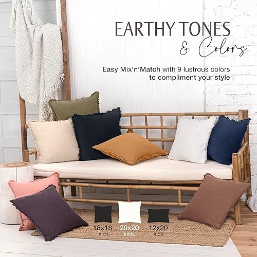 Miniatura 4 de Inspired Ivory - Funda de almohada de lino de 20 x 20 pulgadas, funda de almohada blanca rota con ribete de borlas, funda de cojín decorativa