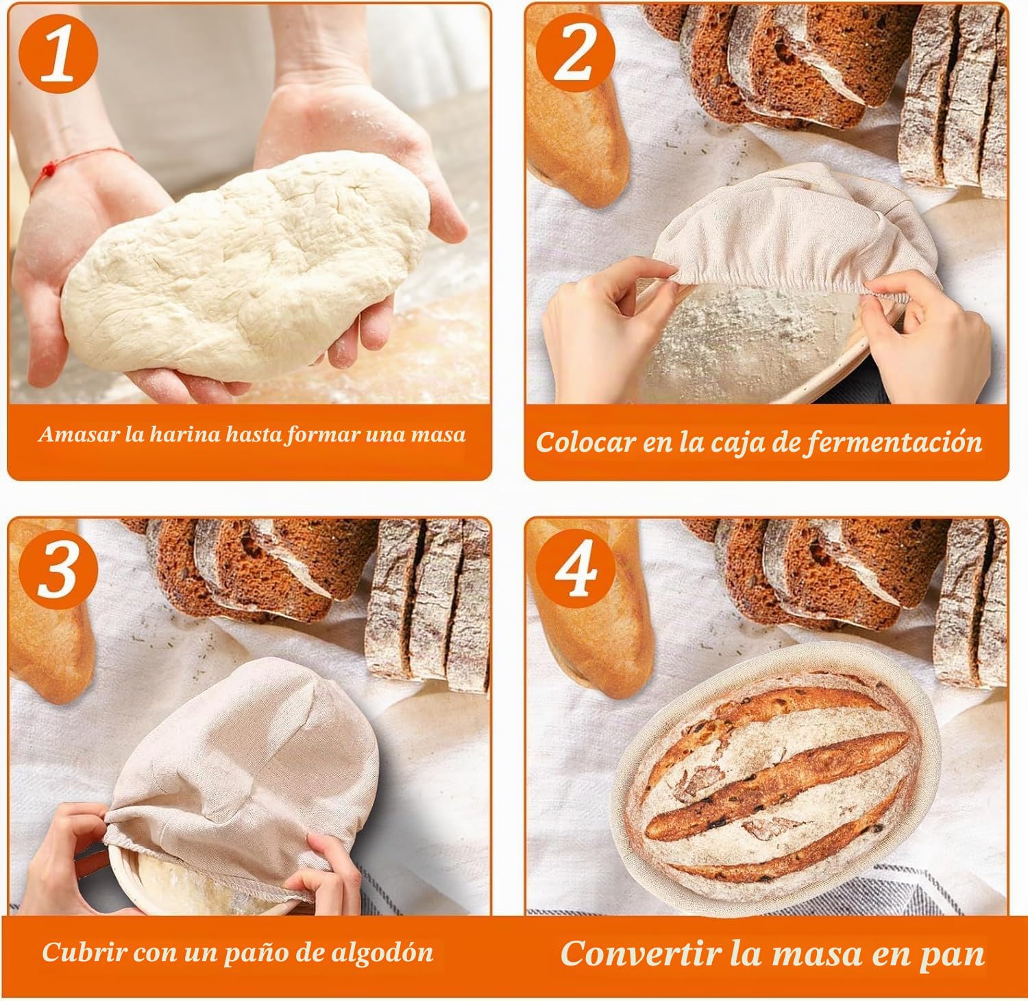 Cesta de Fermentación para Pan 25 cm,Banetones para Pan,Accesorios para Hornear,Incluye Bote Fermentacion,Raspador de Masa,Batidora Danesa