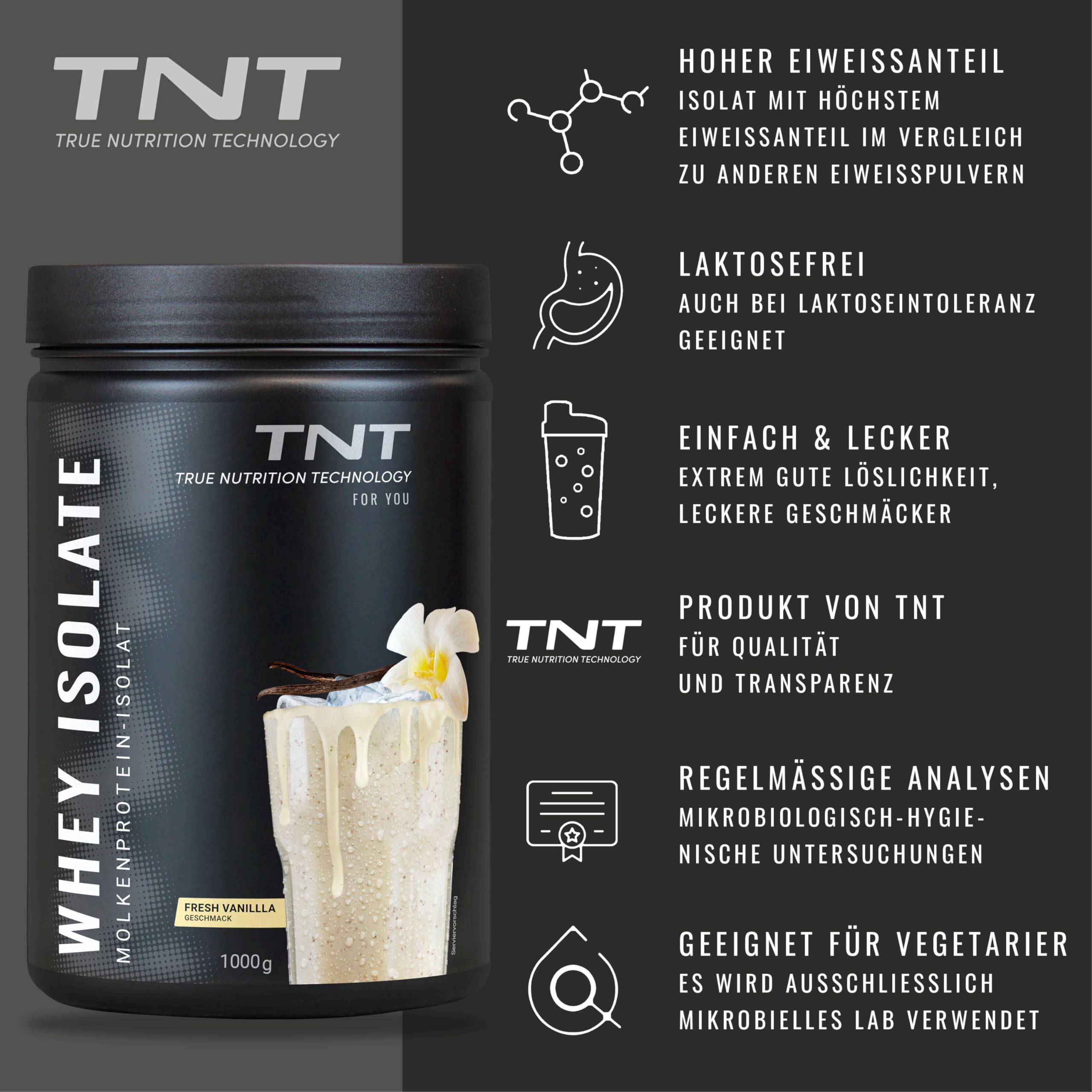 TNT izolat białka serwatkowego (1 kg) • białko w proszku do shake High Protein Shake • Izolat białka serwatkowego • Doskonała rozpuszczalność i pyszny smak (Fresh Vanilla)