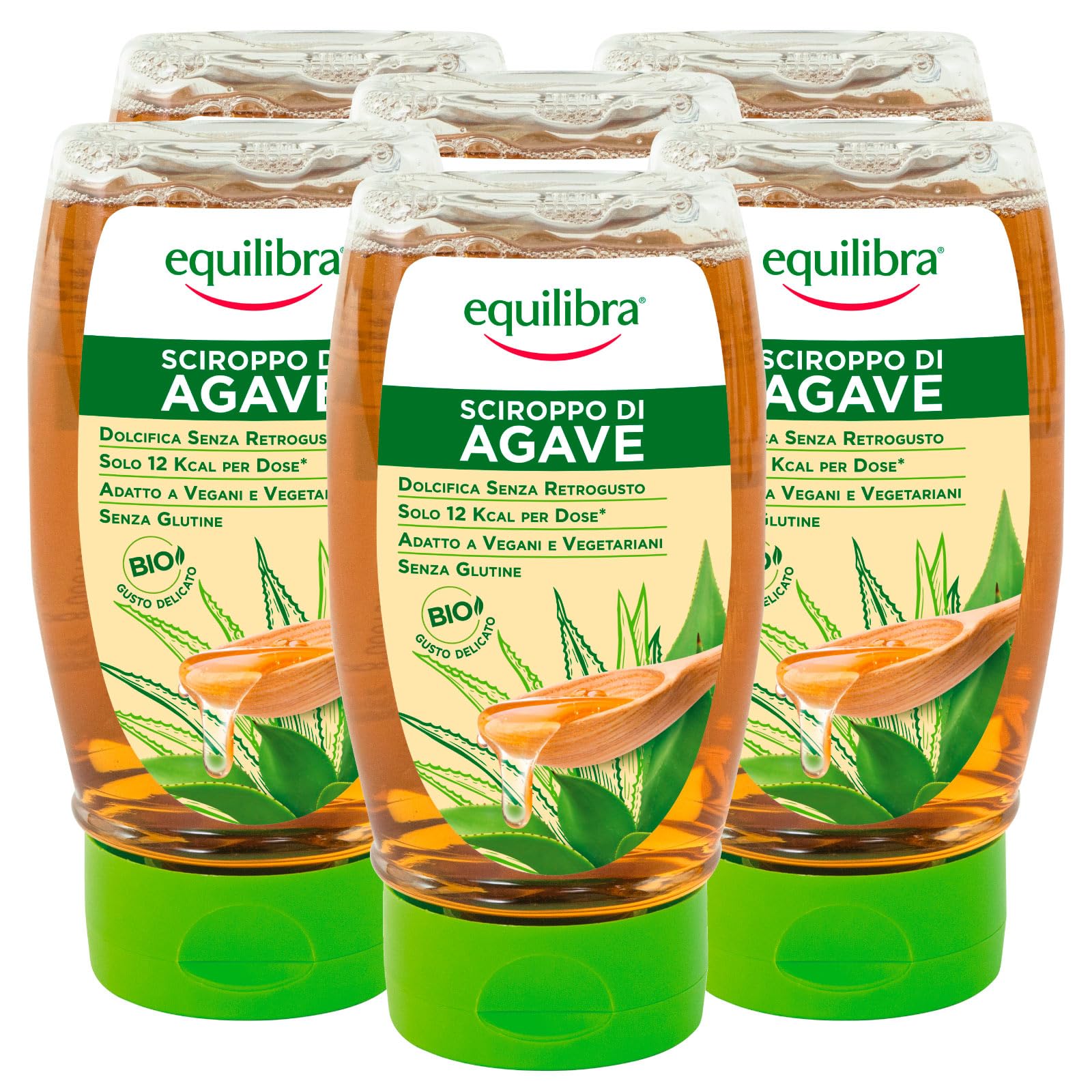 Equilibra Sciroppo di Agave Dolcificante Biologico Vegan Gusto Delicato Senza Glutine - 6 Flaconi da 350g