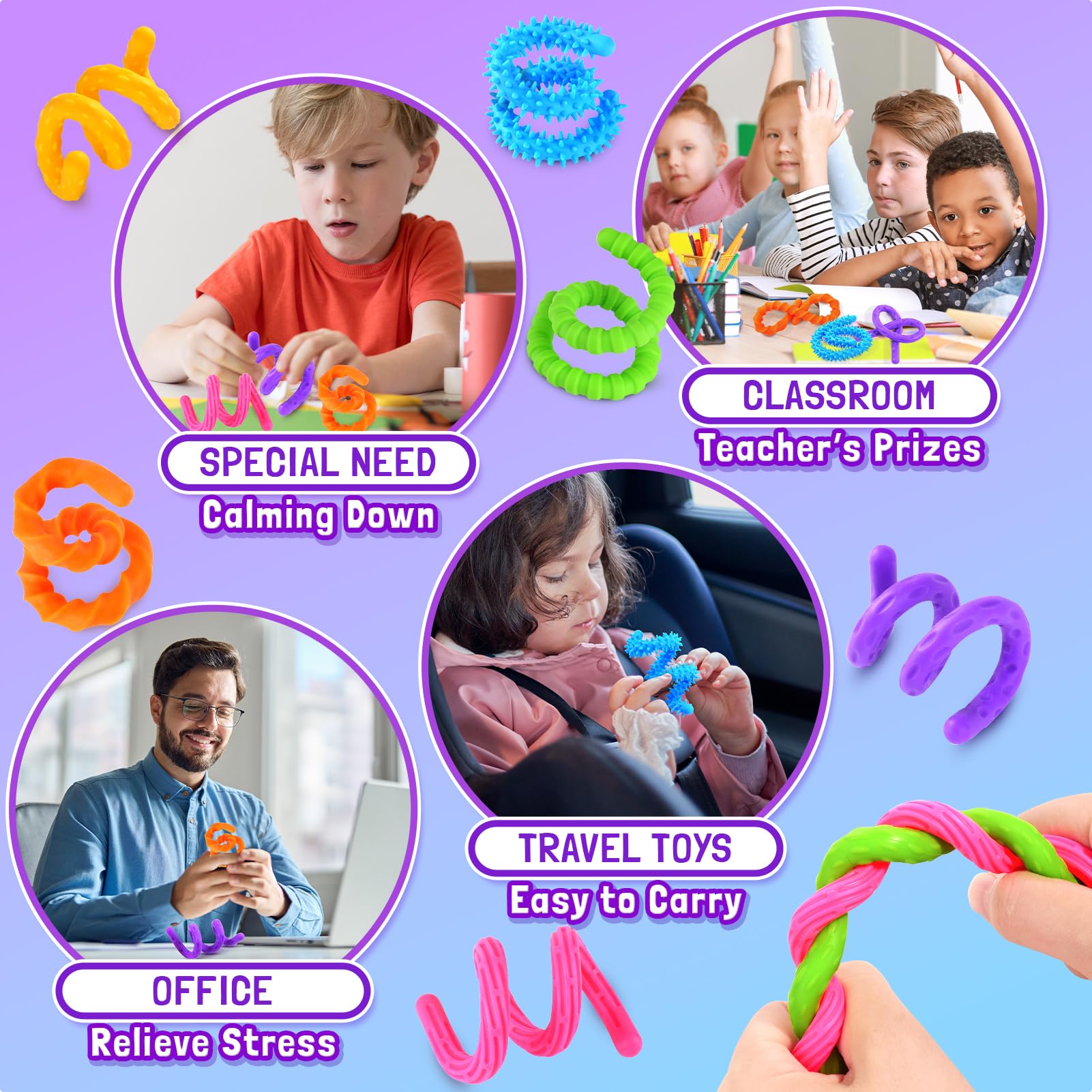 6 Bâtons Sensoriels Anti-stress – Silicone Texturé, Fil Aluminium Flexible – Soulage Anxiété, TDAH, Autisme – Silencieux – Lot 6 Couleurs