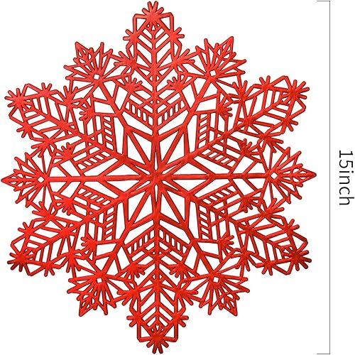 Miniatura 3 de AHHFSMEI Manteles individuales metálicos de vinilo prensado, juego de 6 manteles decorativos (rojo copo de nieve, redondo)