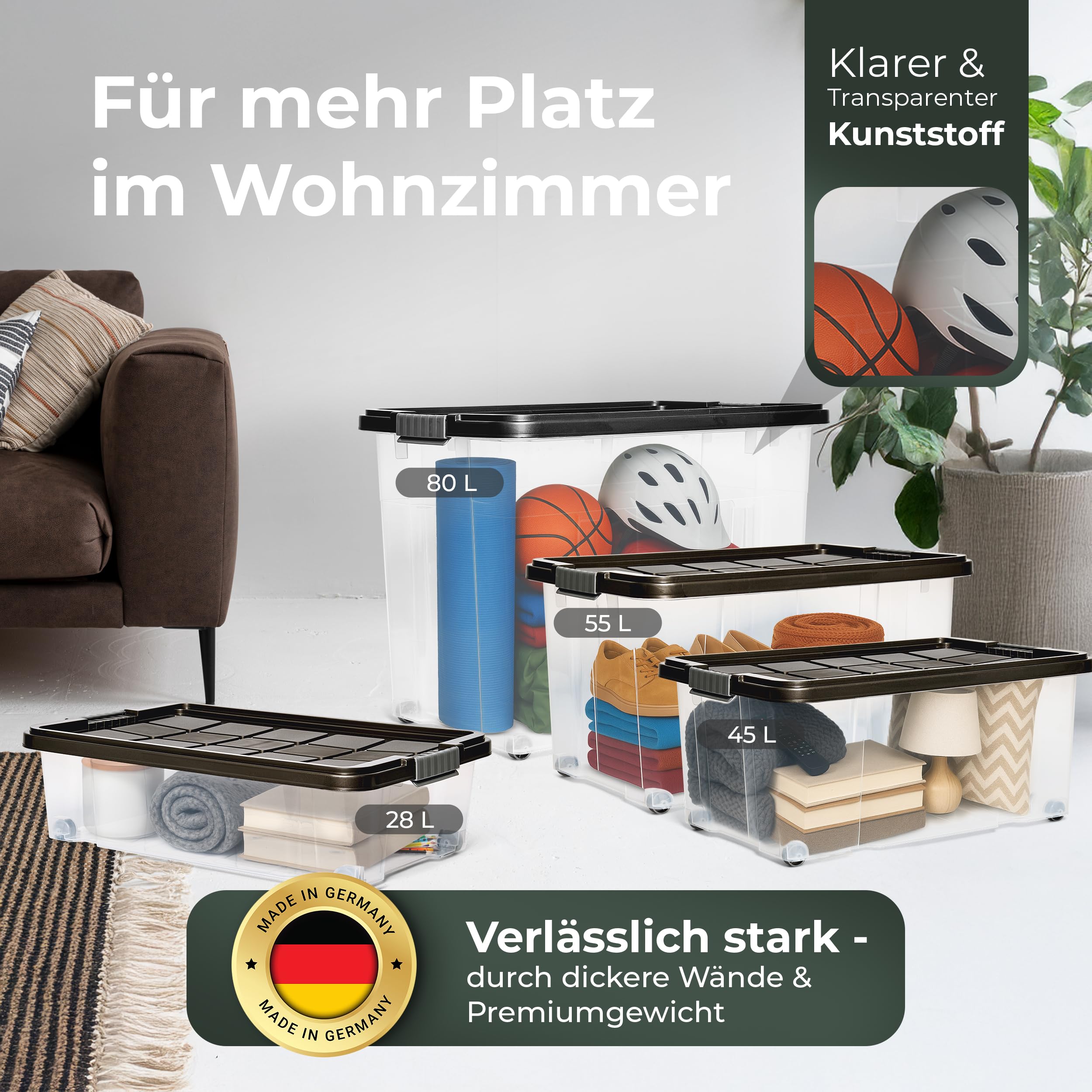 Novaliv 6x Aufbewahrungsboxen mit Deckel Groß 55L Anthrazit Nestbar stapelbar mit Clipverschluss Rollboxen Kunststoff BPA-frei 61x40x32,5 cm