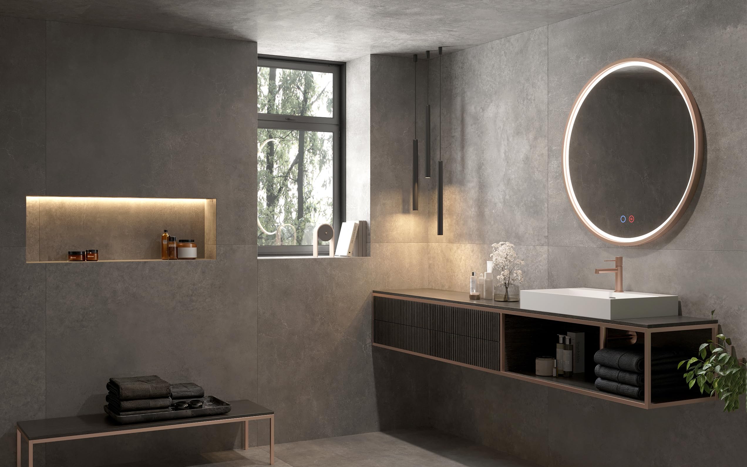 Mice Specchio con luce LED per bagno, camera da letto, spogliatoio - Specchio rotondo, luce frontale triled (luce calda, neutra e fredda) con doppio sensore antovaho e on/off, Ø 70 cm cornice oro