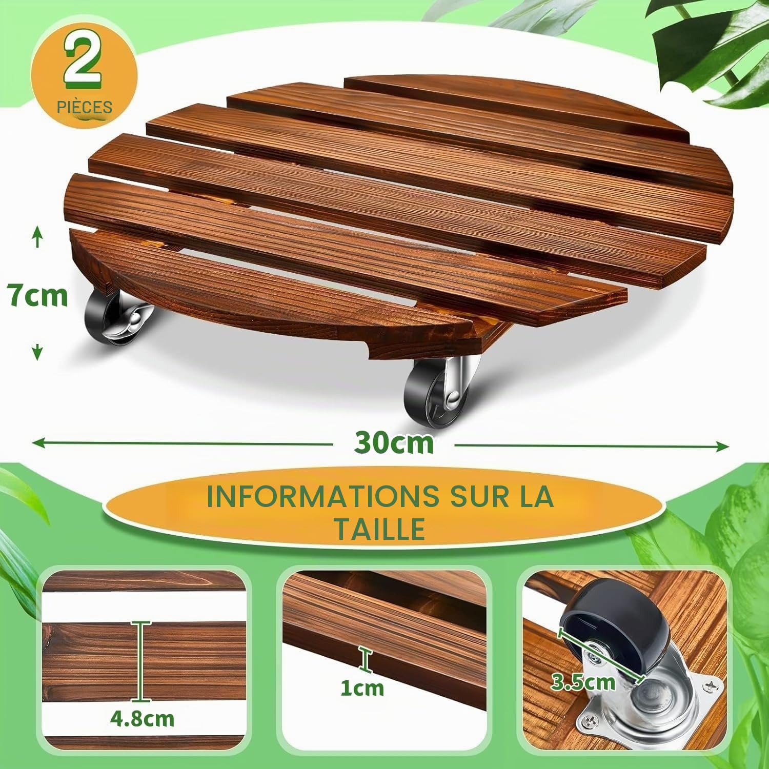 KAHEIGN 2 Pièces Support à Plantes en Bois roulettes avec roulettes, 30CM Plateaux à Plantes Rond Porte Mobile Robuste Chariot à Plantes avec roulettes Métalliques Verrouillables pour Pot de Fleurs
