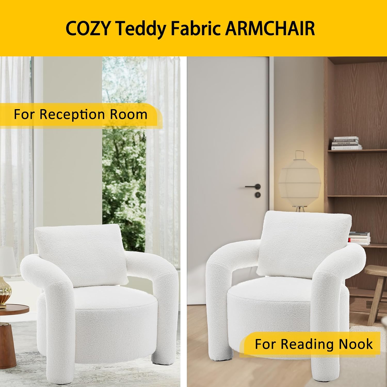 Modern Sherpa Boucle Accent Chair,Teddy Upholstered Armchair,Vanity Chair Single Sofa,Cozy Fluffy Reading Chair for Living Room,Vanity,Office,Bedroom,Corner(White)