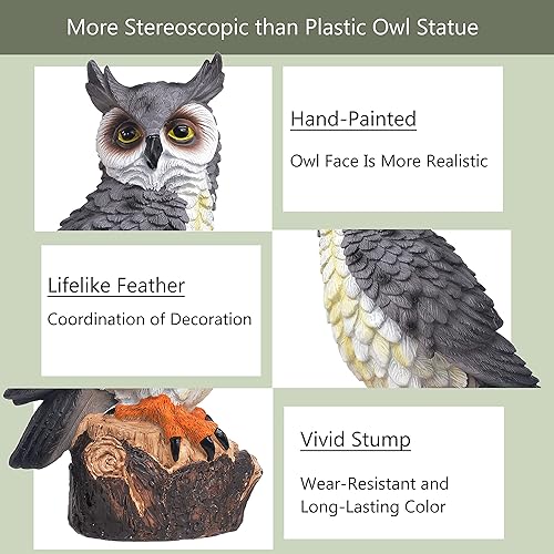 Miniatura 3 de Señuelo de espantapájaros falso, búho de resina, disuasorio de pájaros, escultura de búho con cuernos para patio al aire libre, césped, patio, 10